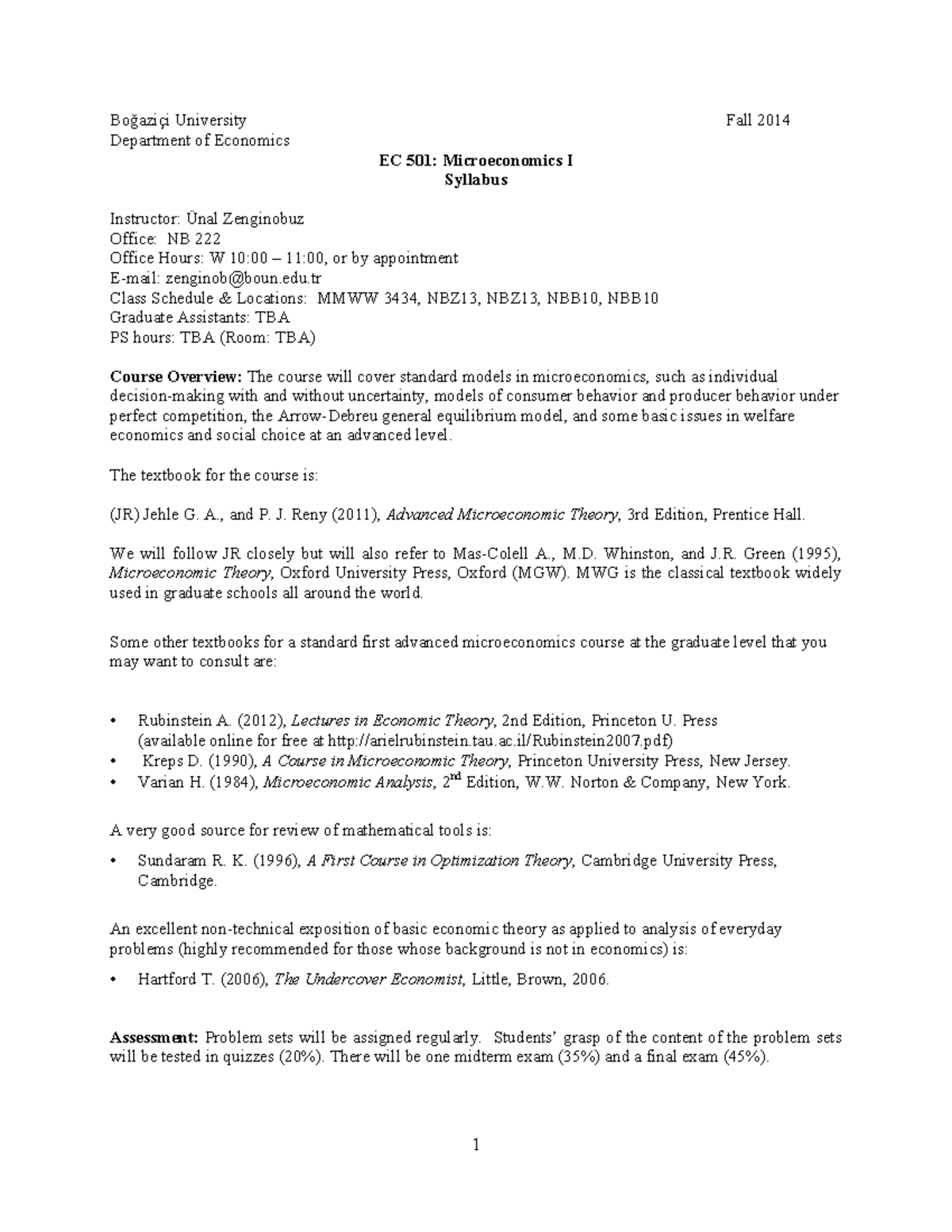 EC 501: Advanced Microeconomics I Graduate Level Syllabus - Studocu