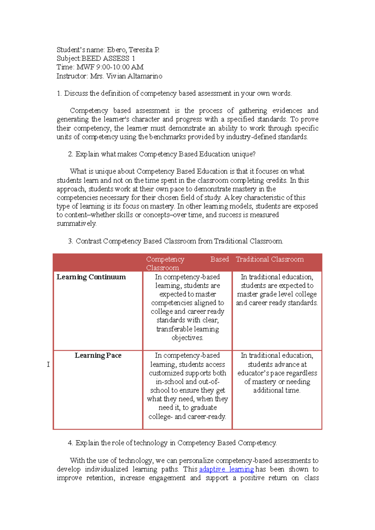 BEED ASSESSMENT 1: Understanding Competency Based Education and ...