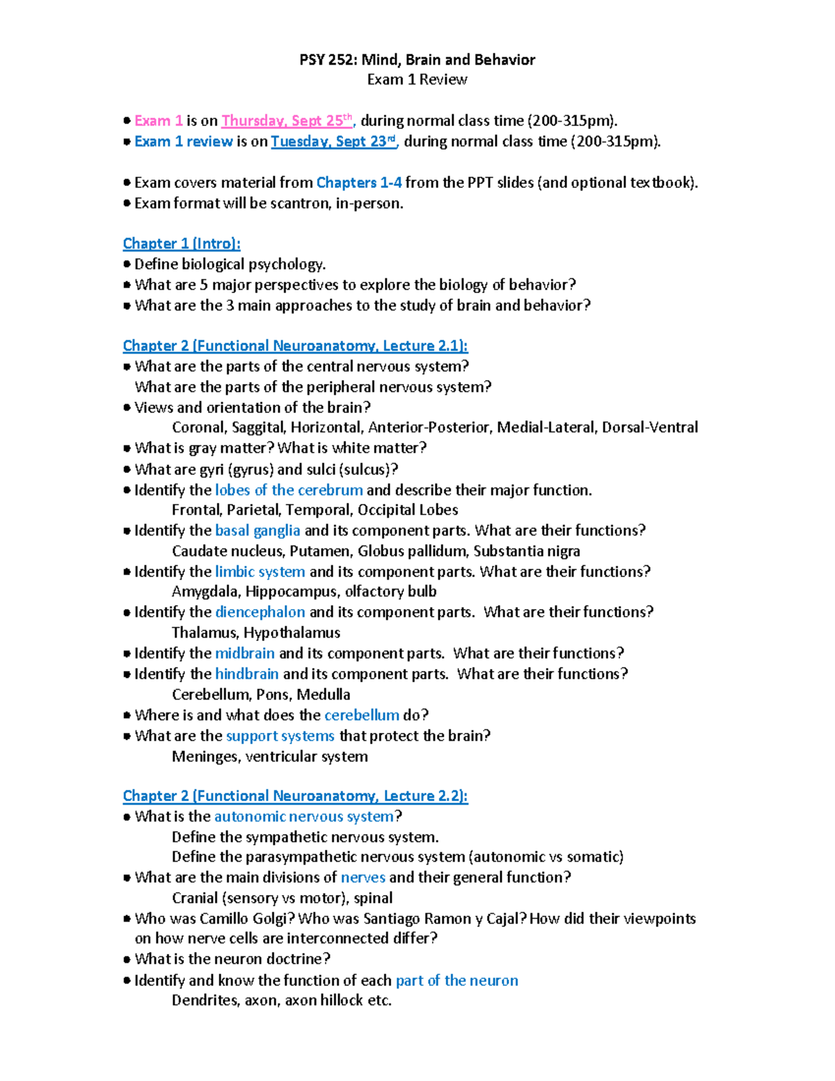 PSY 252: Mind, Brain, and Behavior Exam 1 Study Guide - Studocu