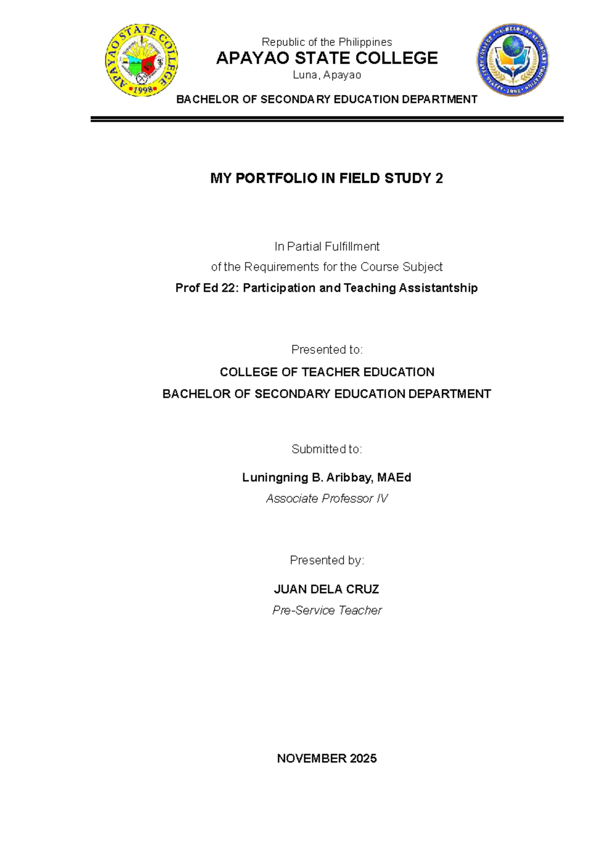 Field Study 2 Portfolio: Participation & Teaching Assistantship - Prof ...