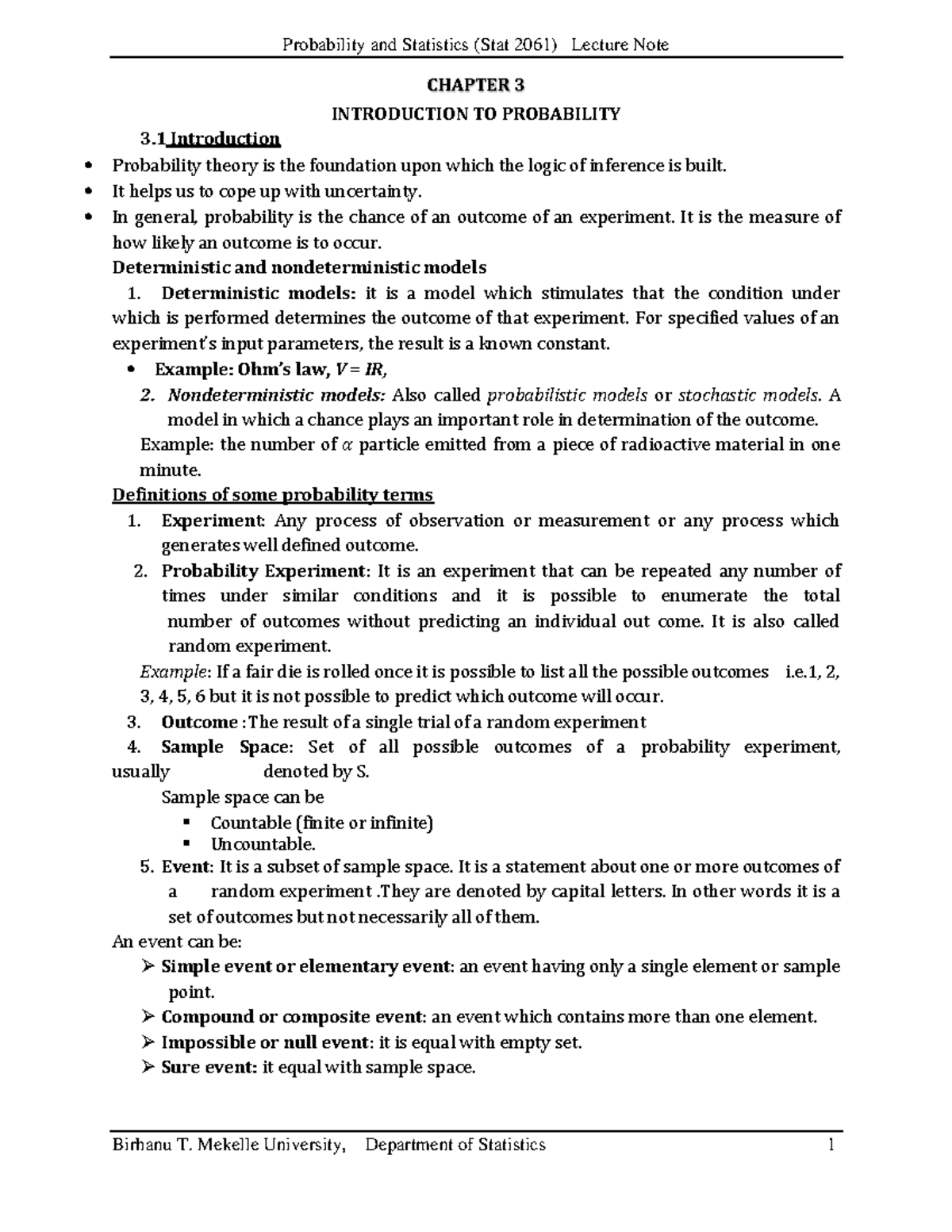 Probability and Statistics (Stat 2061) Lecture Notes: Chapter 3 ...
