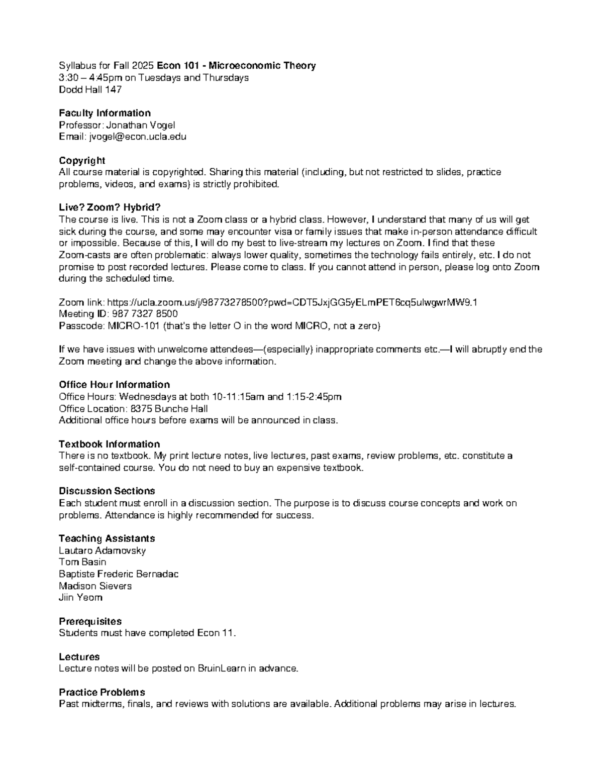 Econ 101 Fall 2025 Syllabus: Microeconomic Theory Overview - Studocu