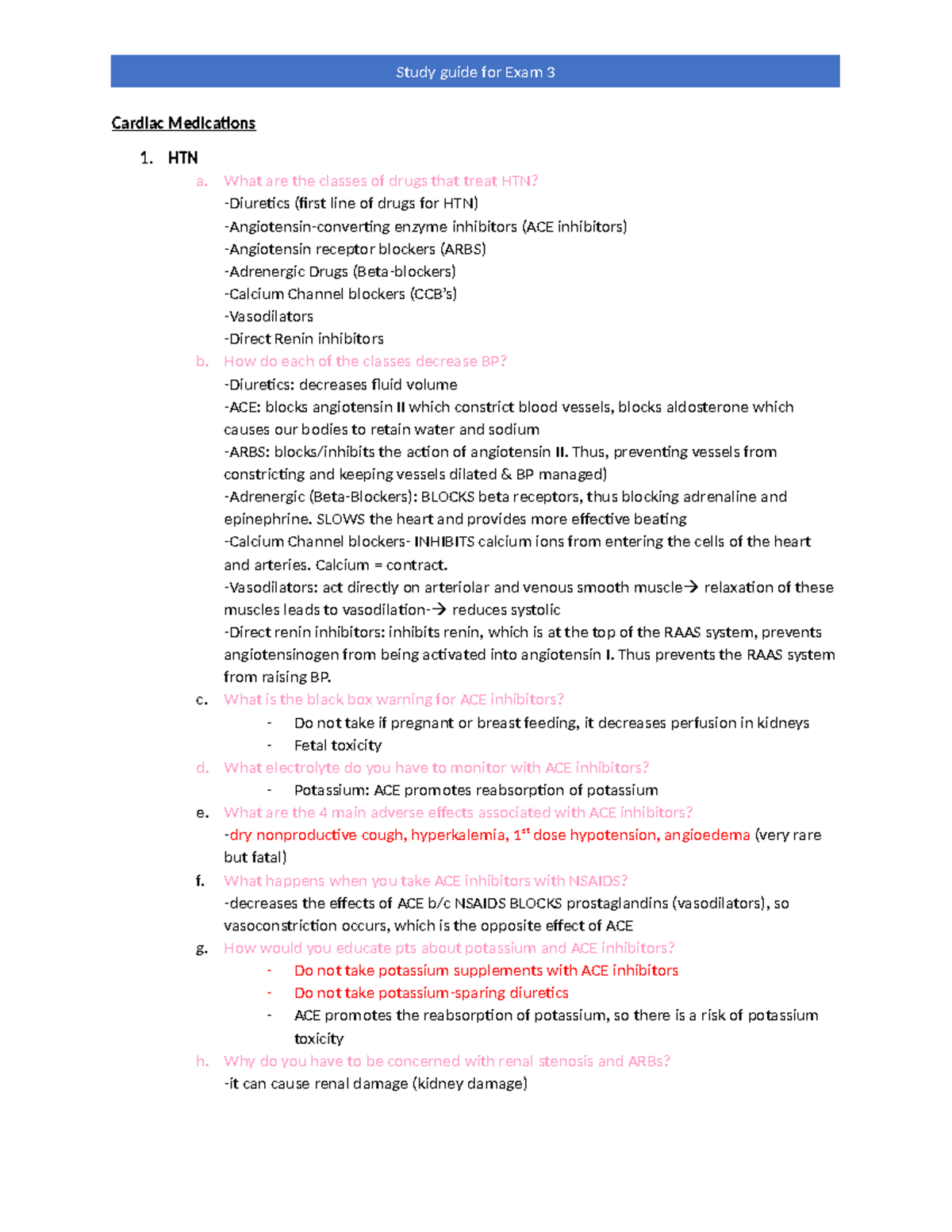 Pharm Study Guide for Exam 3: Cardiac Meds & Antidysrhythmics - Studocu