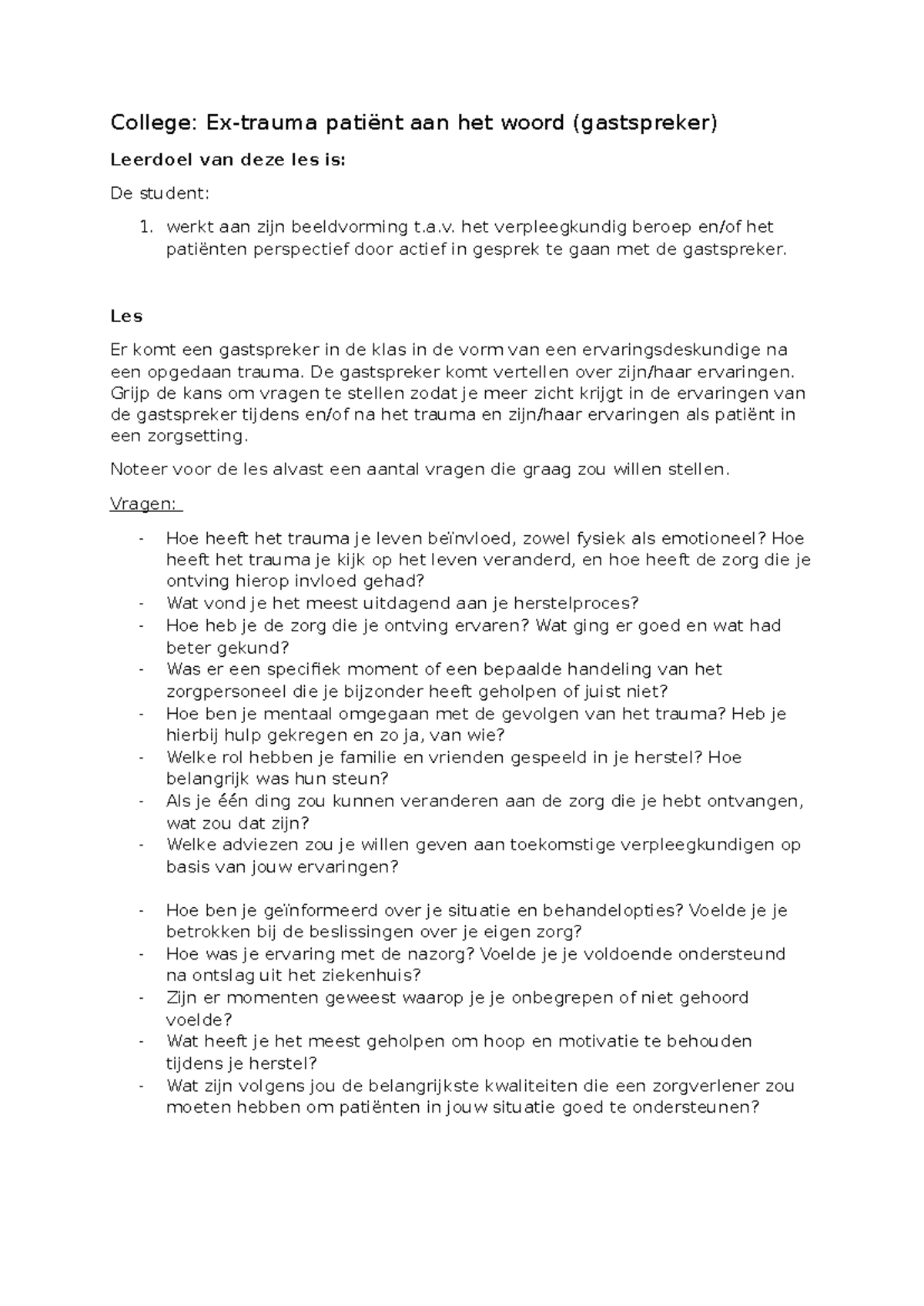 College: Ervaringen van Ex-trauma Patiënt (Gastspreker) - Studeersnel