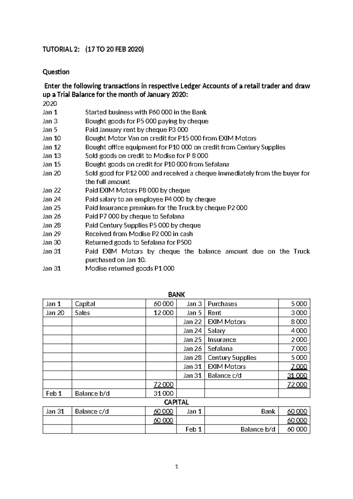 Tutorial 2: Ledger Entries & Trial Balance for Jan 2020 - Studocu
