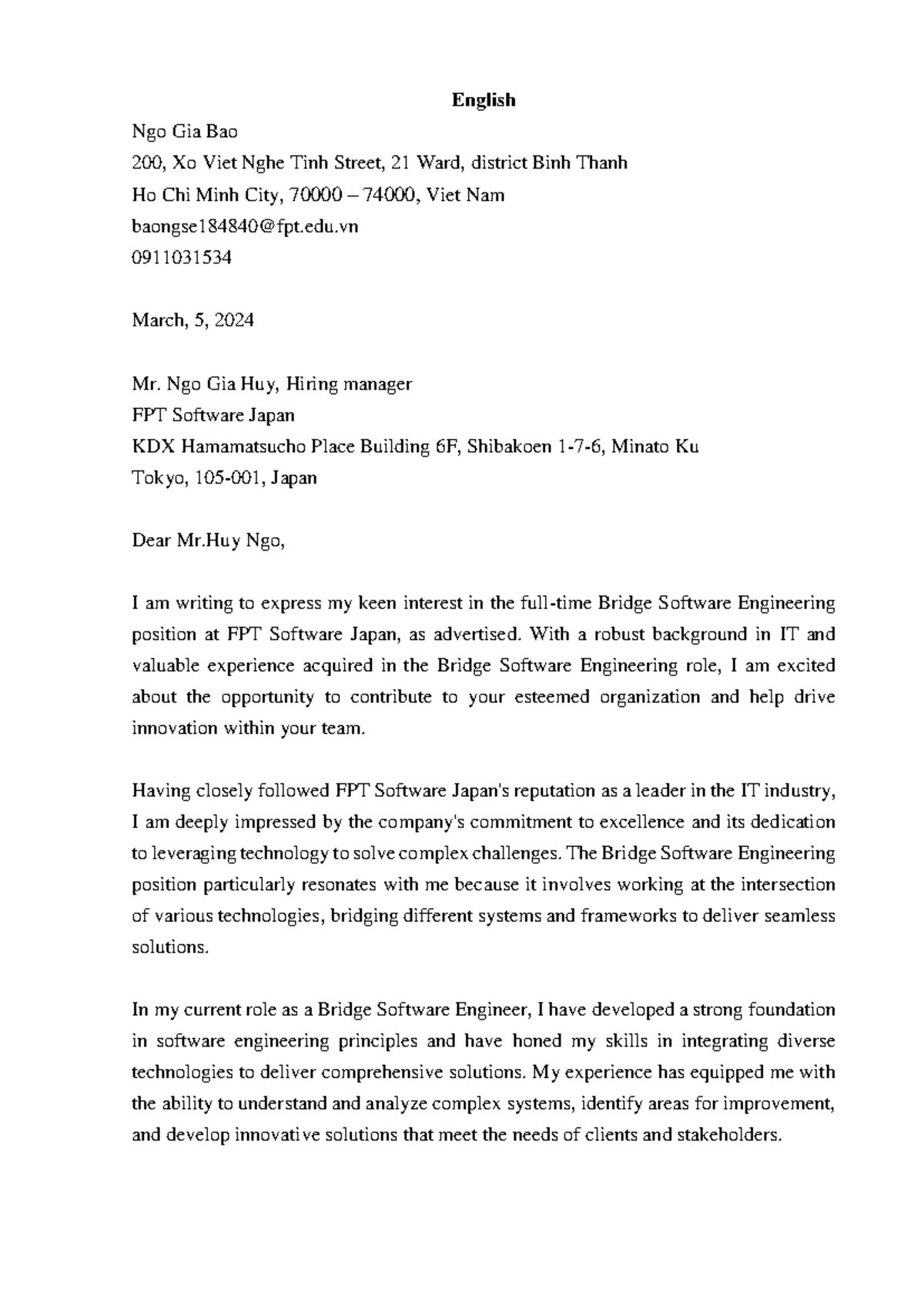 SE184840 Ngo Gia Bao Cover Letter - English Ngo Gia Bao 200, Xo Viet ...