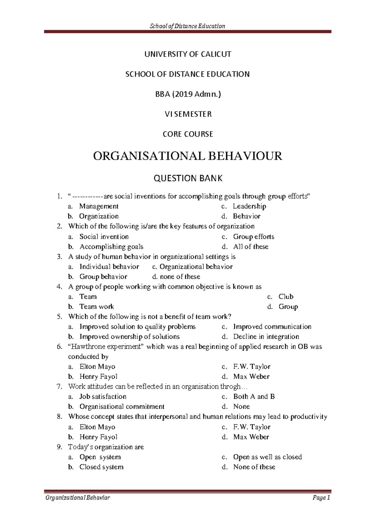 BBA 6th Sem: Organisational Behaviour MCQ Question Bank - Studocu