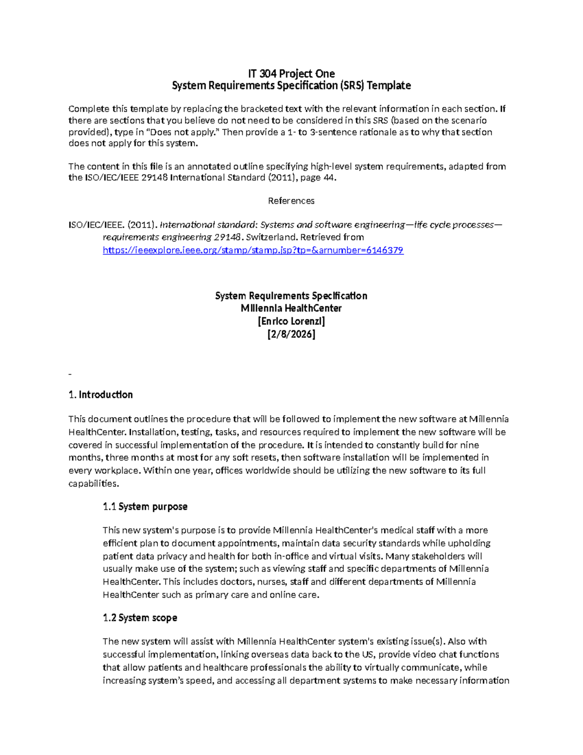 IT 304 Project One: System Requirements Specification (SRS) for ...