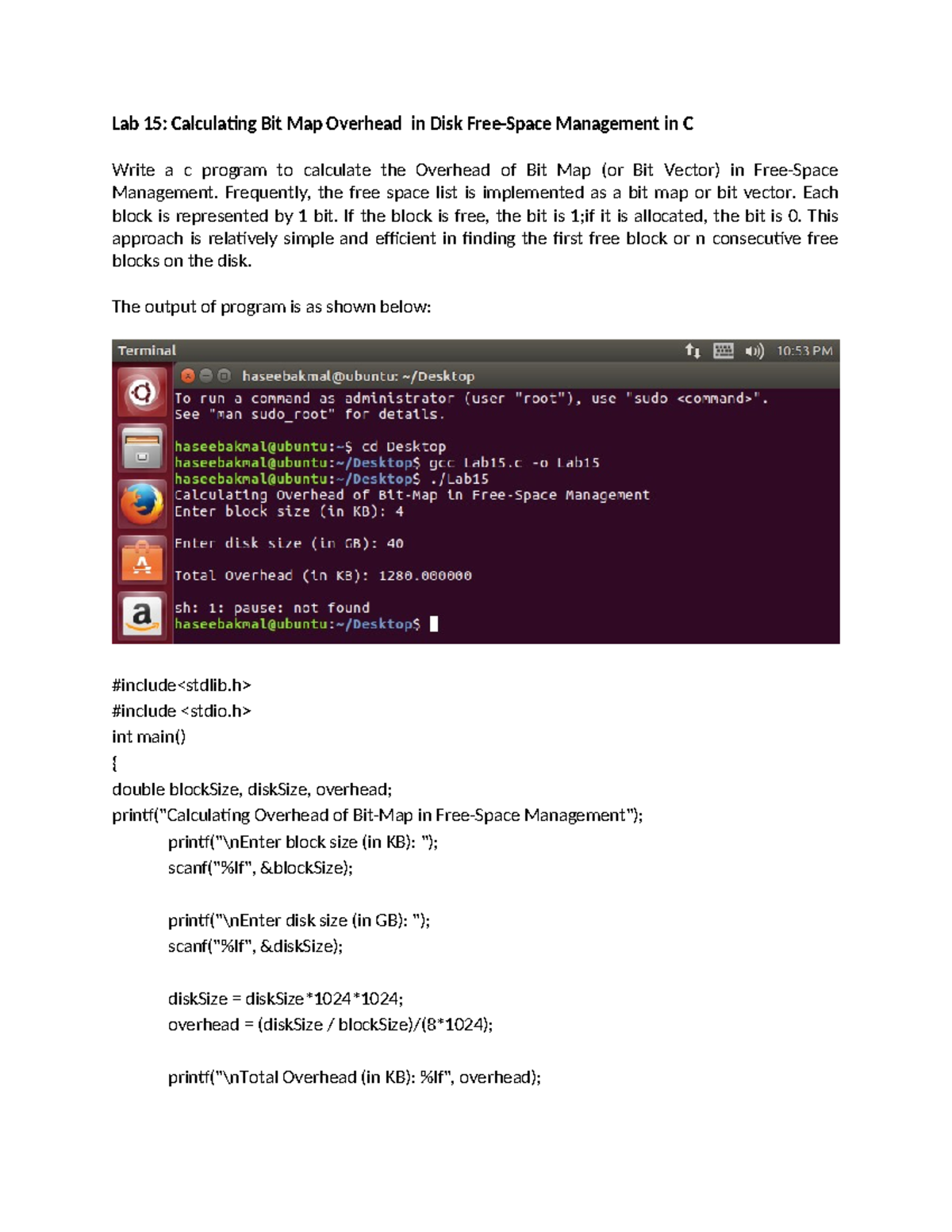 Lab 15 - Bit Map Overhead Calculation in Disk Management in C - Studocu