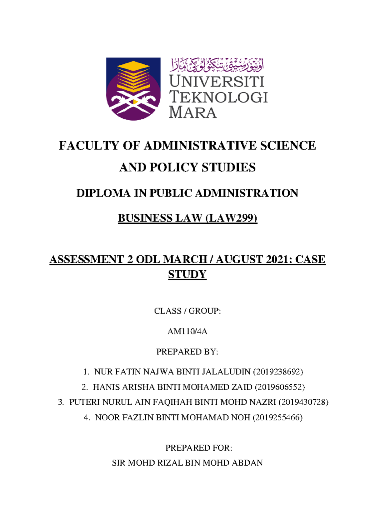 LAW299 Business Law Assignment Group Case Study Analysis - Studocu