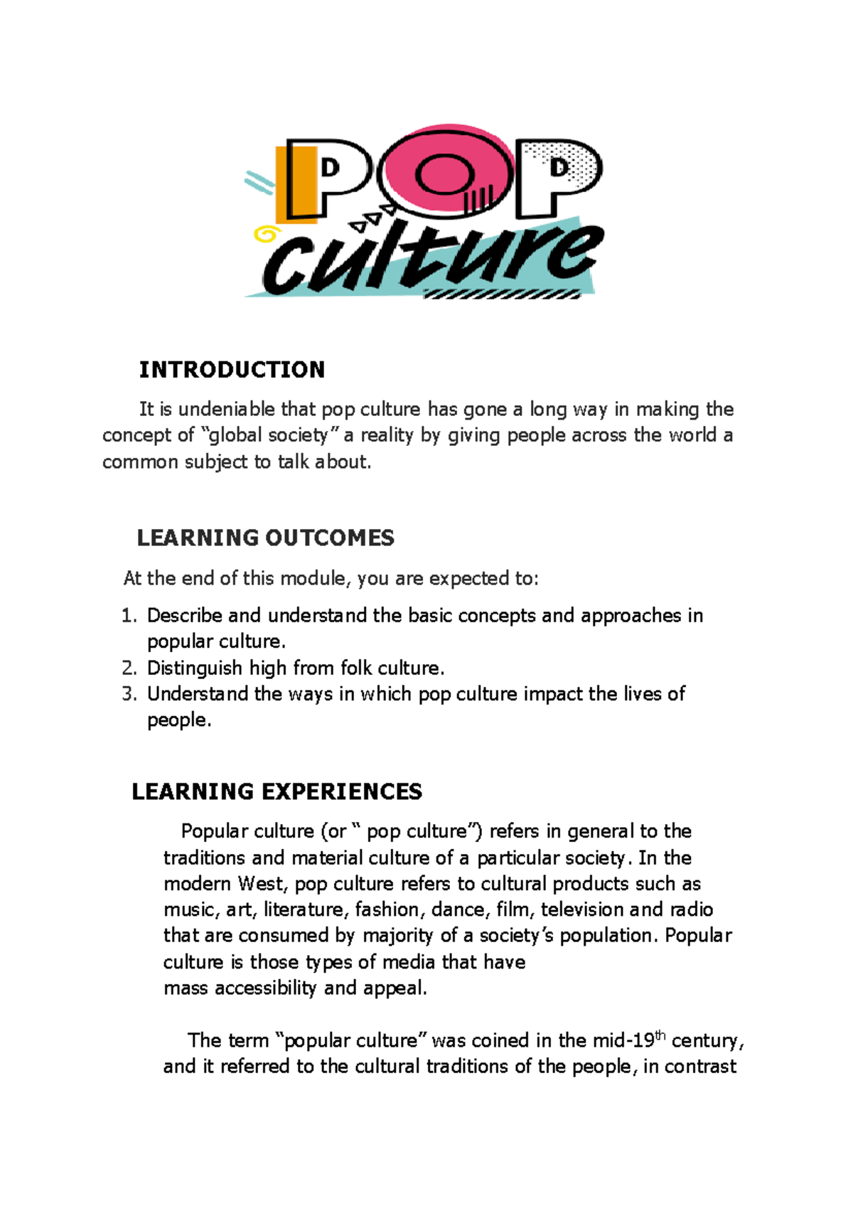 Popular Culture Module 2: Understanding Its Impact and Definitions ...