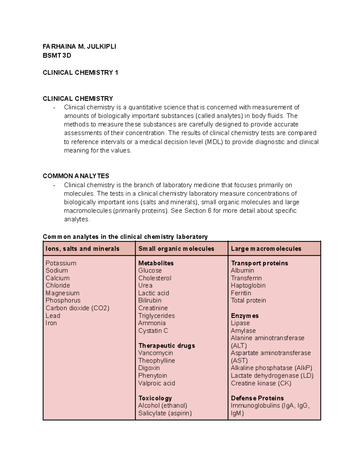 BSMT 3D - Clinical Chemistry 1 Lecture Notes on Analytes and Tests ...