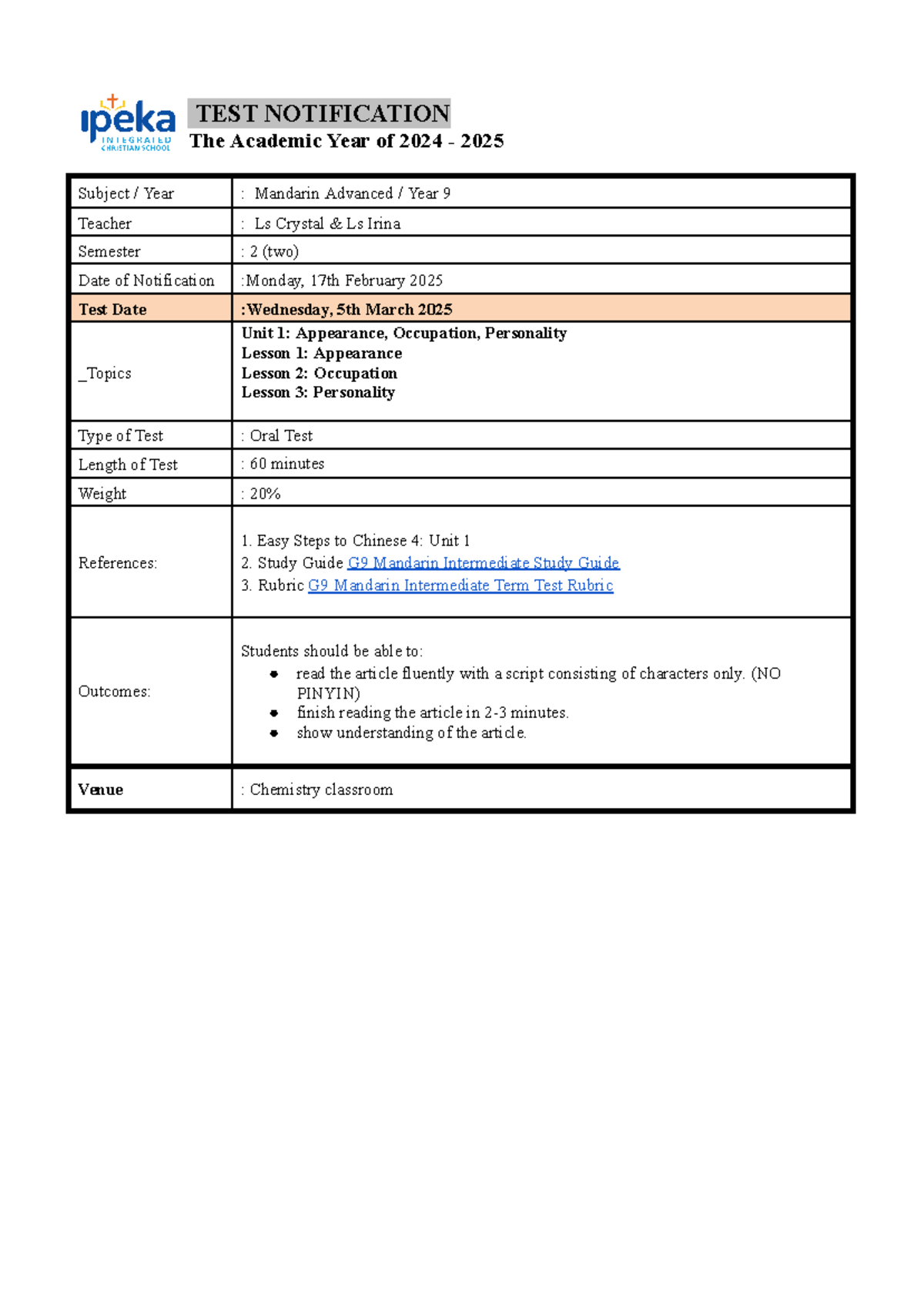 G9 Mandarin Advanced Oral Test Notification TN 2425 - March 2025 - Studocu