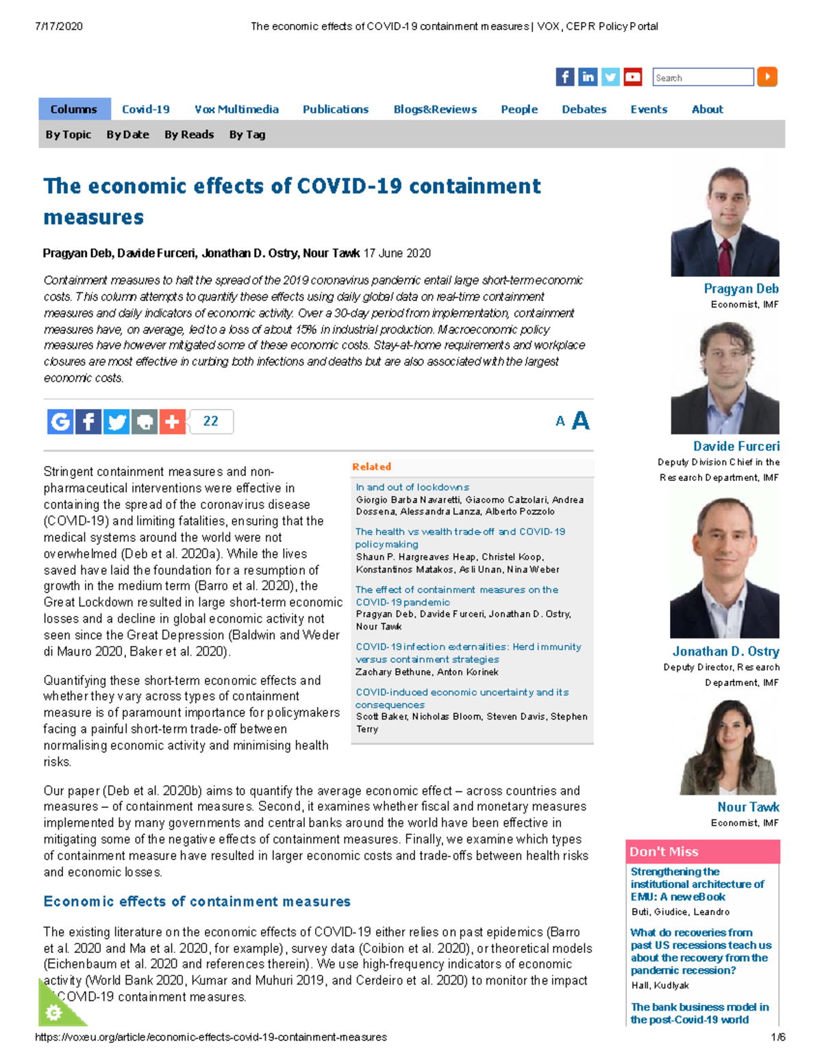 The Economic Effects of COVID-19 Containment Measures: VOX, CEPR ...