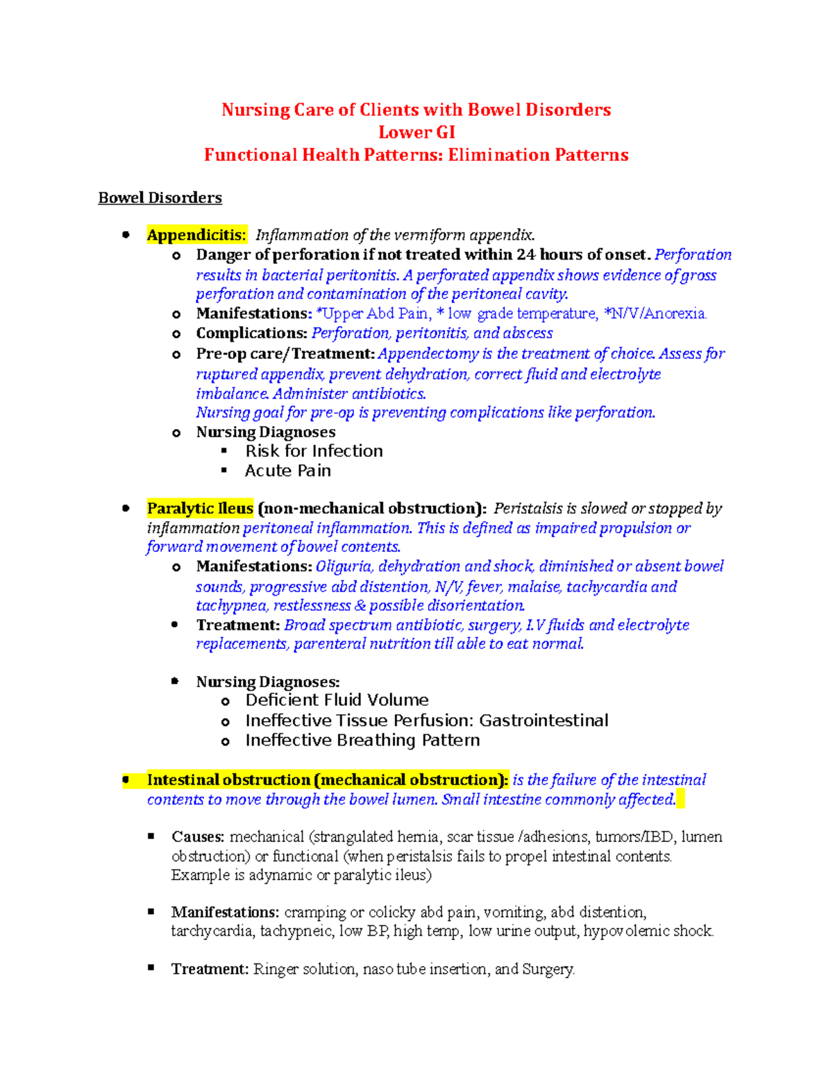 Nursing Care Notes: Lower GI Disorders (NUR 103) Guide - Studocu