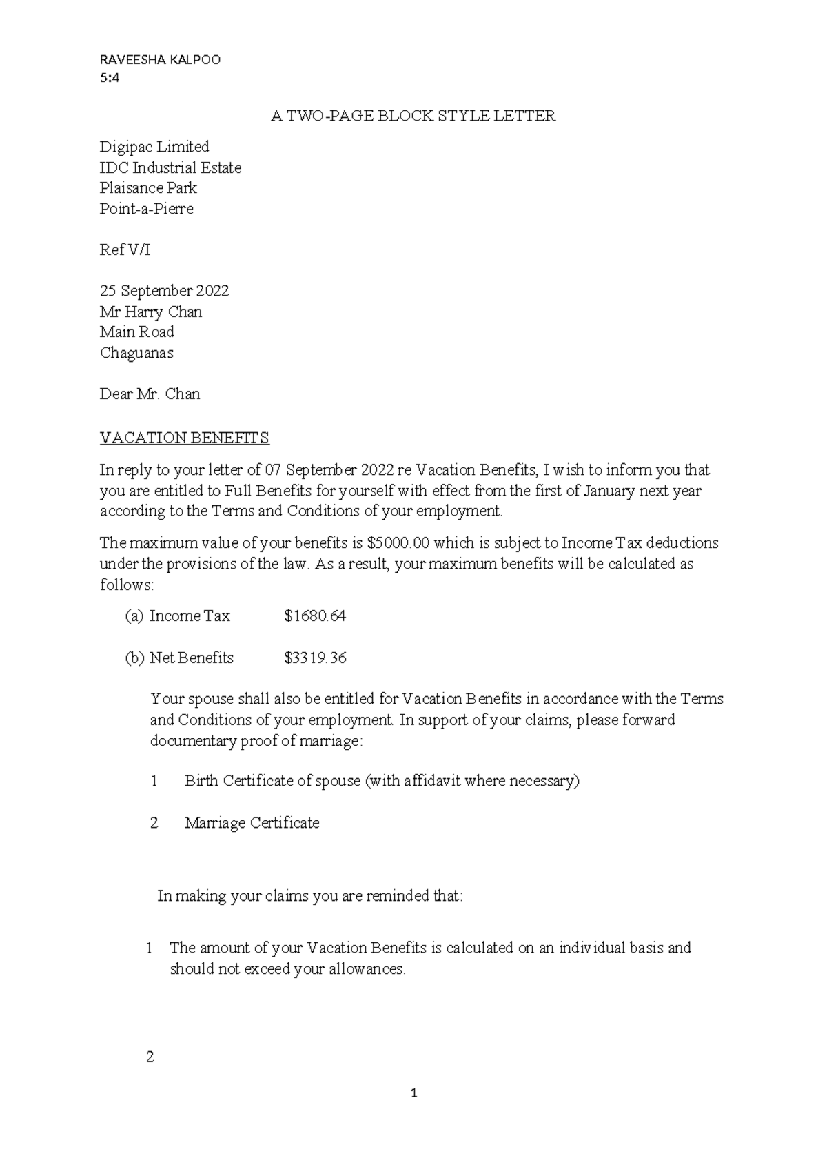 A TWO-PAGE BLOCK STYLE LETTER RE: VACATION BENEFITS - HR 101 - Studocu