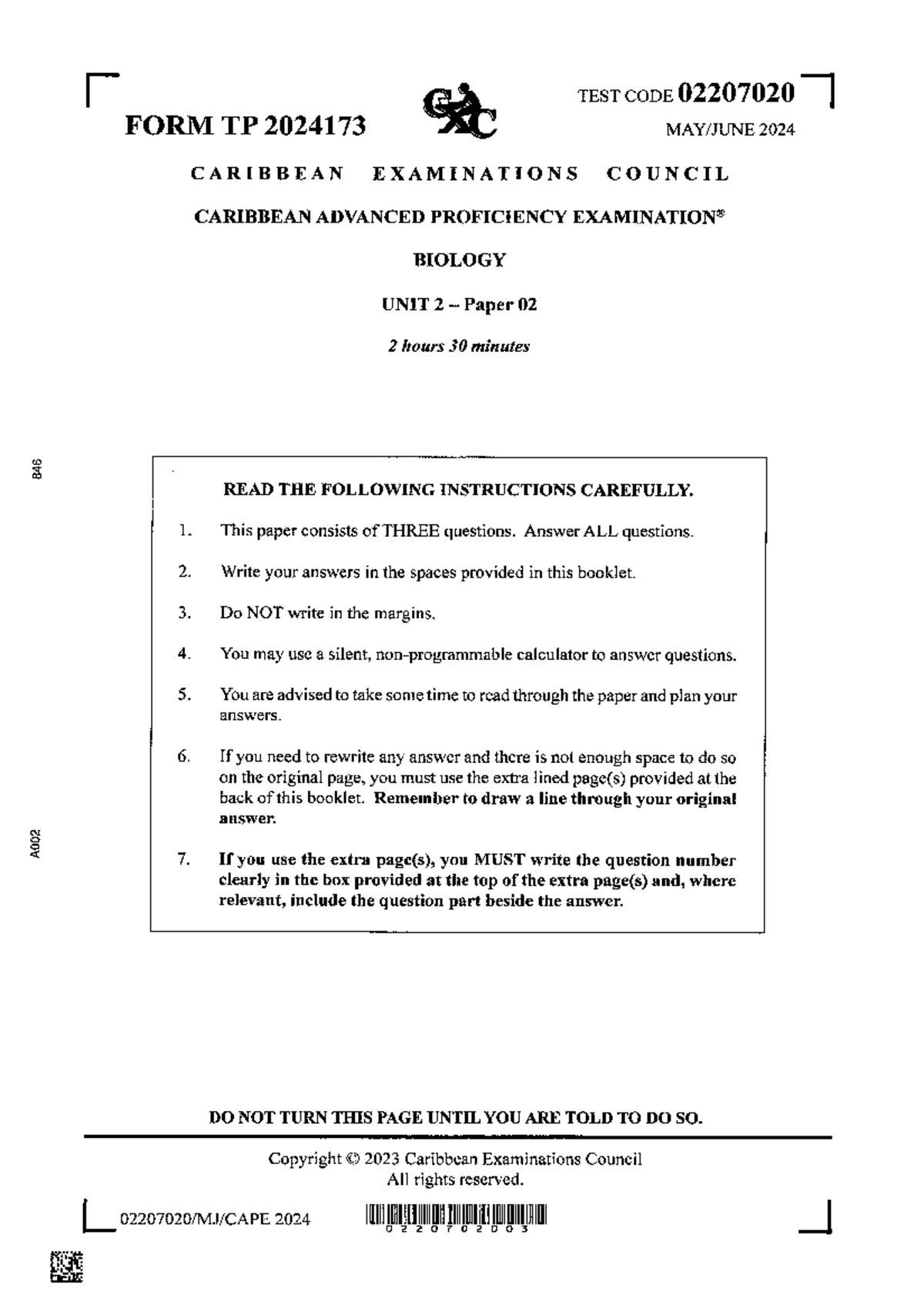 CAPE Biology 2024 Unit 2 Paper 02 Exam Instructions and Questions - Studocu
