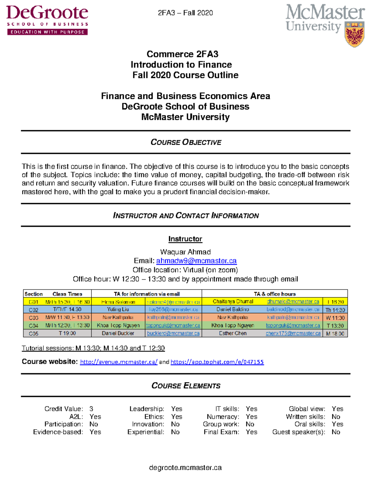 2FA3 Outline - syllabus - Commerce 2FA Introduction to Finance Fall ...