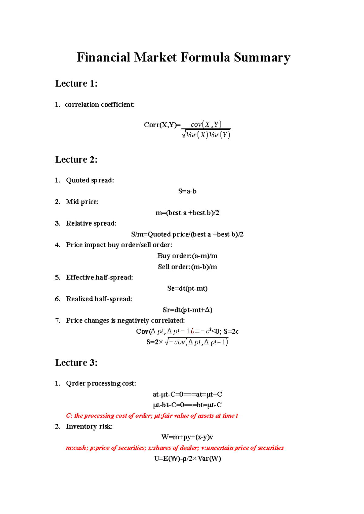 Financial Market Formula Summary (FM101 Lecture Notes) - Studeersnel