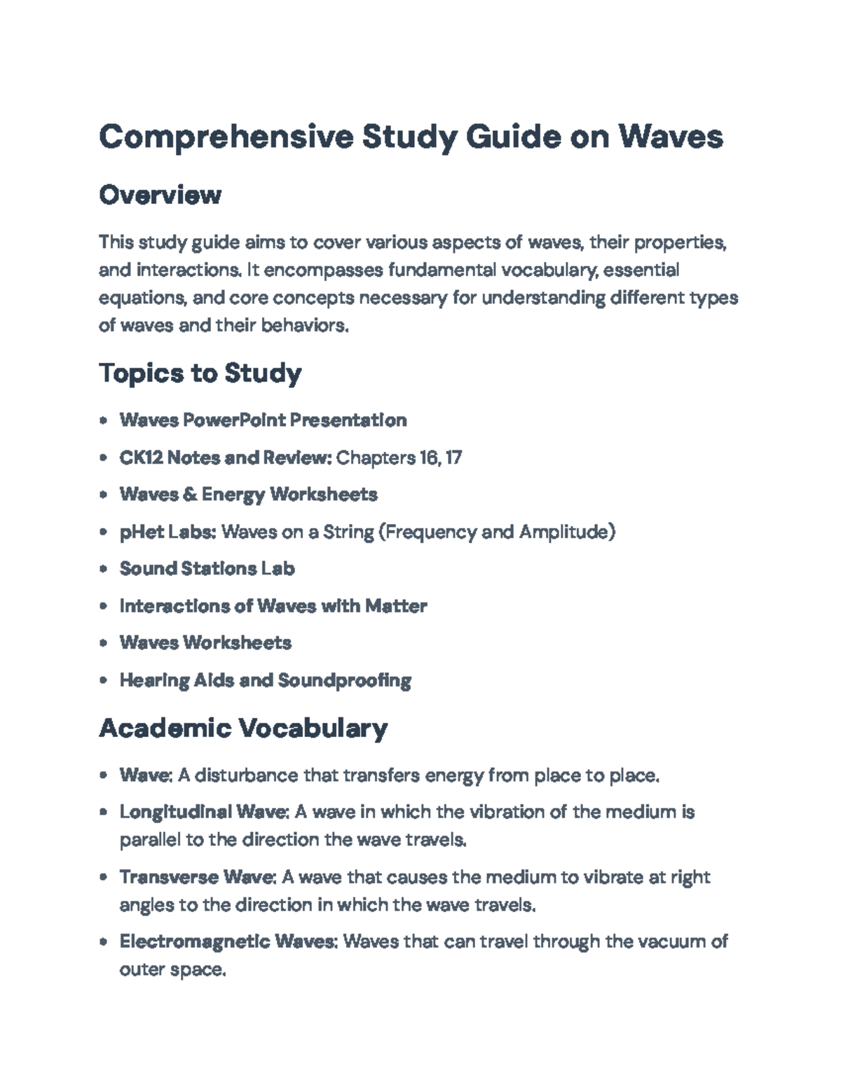 Comprehensive Study Guide on Waves: Concepts, Equations, and ...