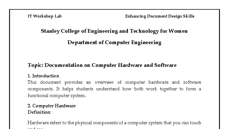 IT Workshop Lab: Documentation on Hardware & Software Components - Studocu