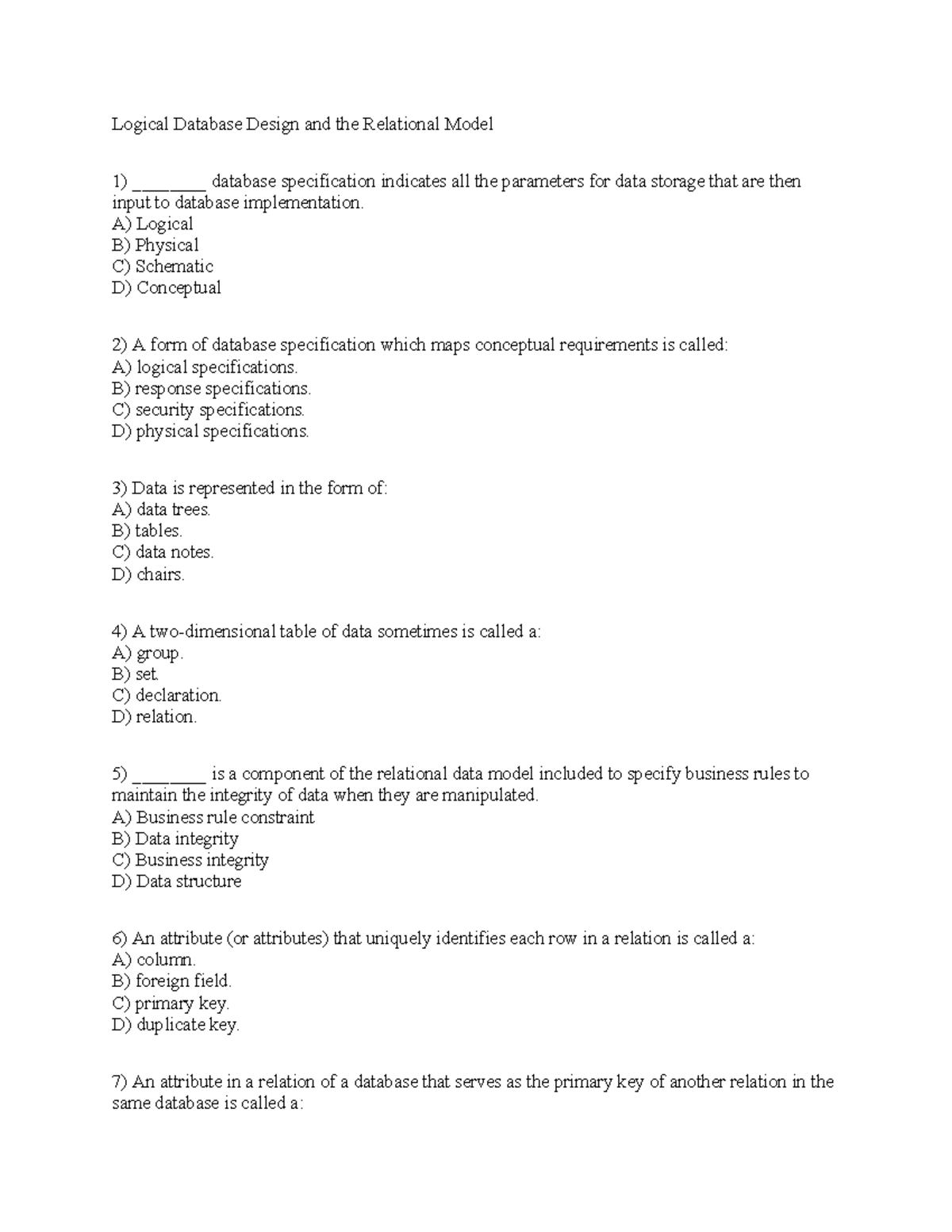 Logical Database Design and the Relational Model - Chapter Notes - Studocu