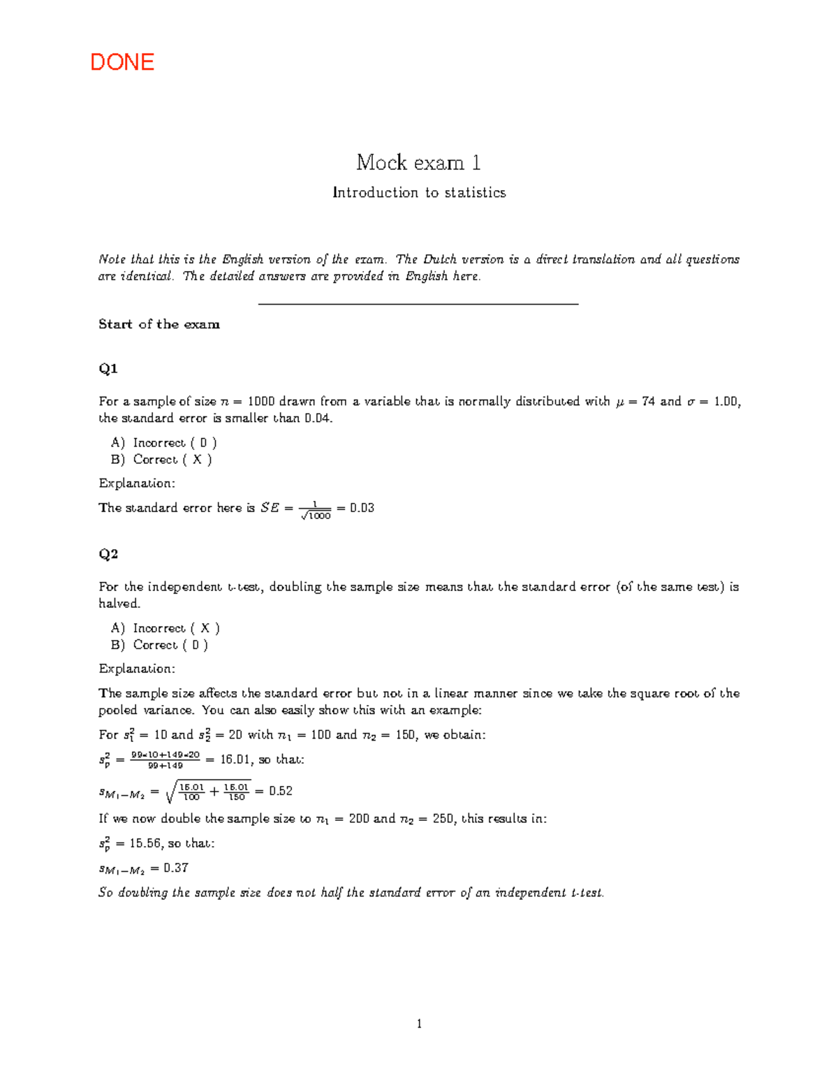 Mock Exam 1 Solutions for Intro to Statistics (Stat 101) - Studeersnel