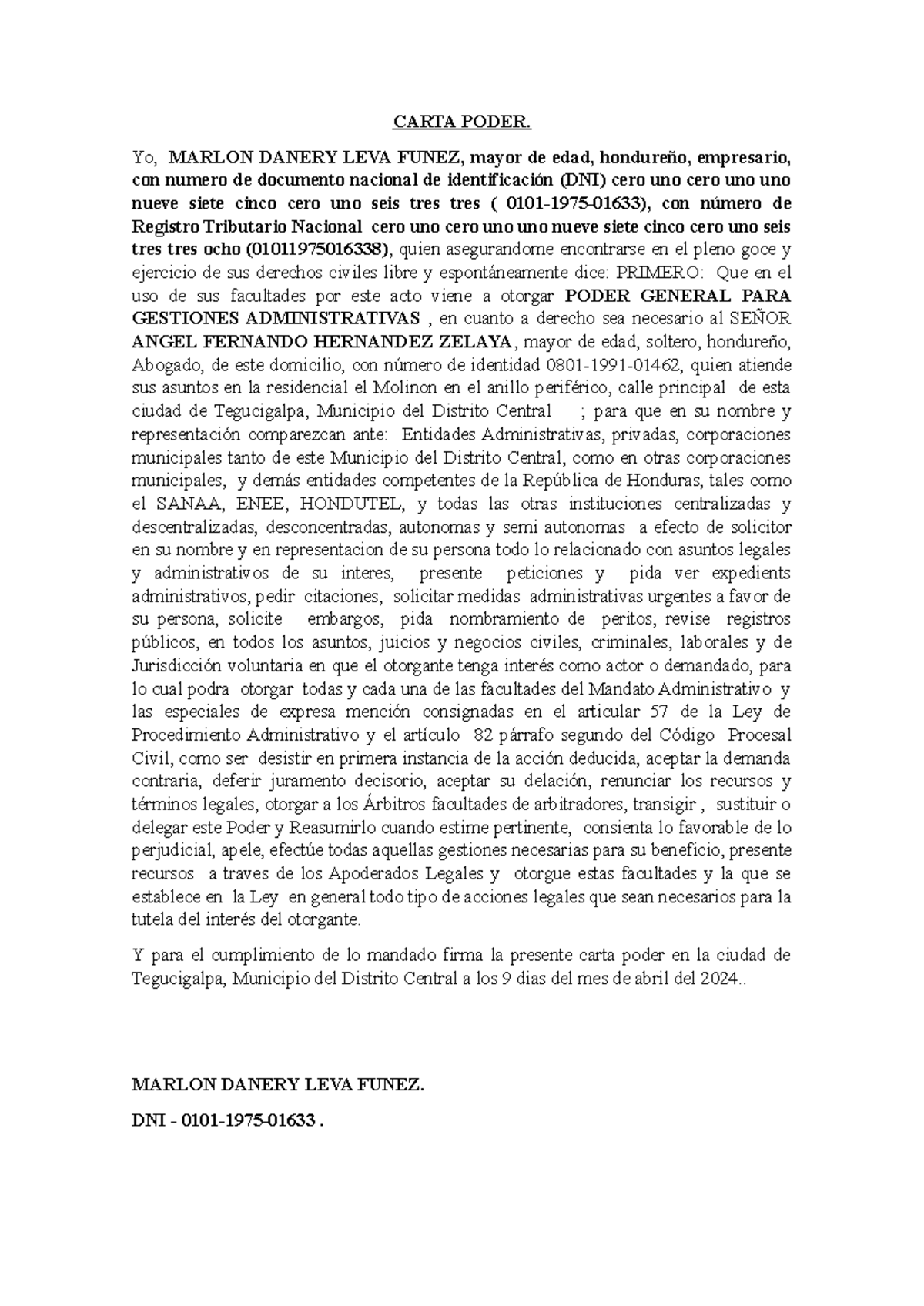 Carta Poder - Formato para Derecho Civil en Honduras - Studocu