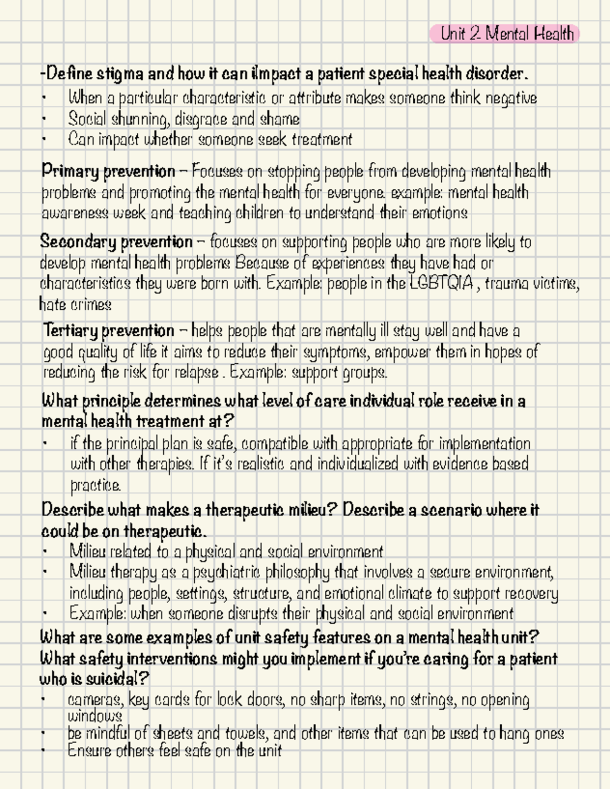 Unit 2 notes 2 - Unit 2 Mental Health -Define stigma and how it can ...