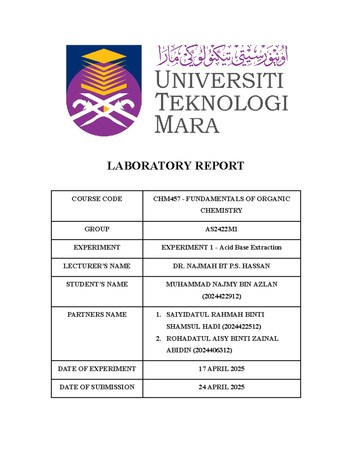 CHM457 - EXP 1 - Lab Report on Acid-Base Extraction Techniques - Studocu