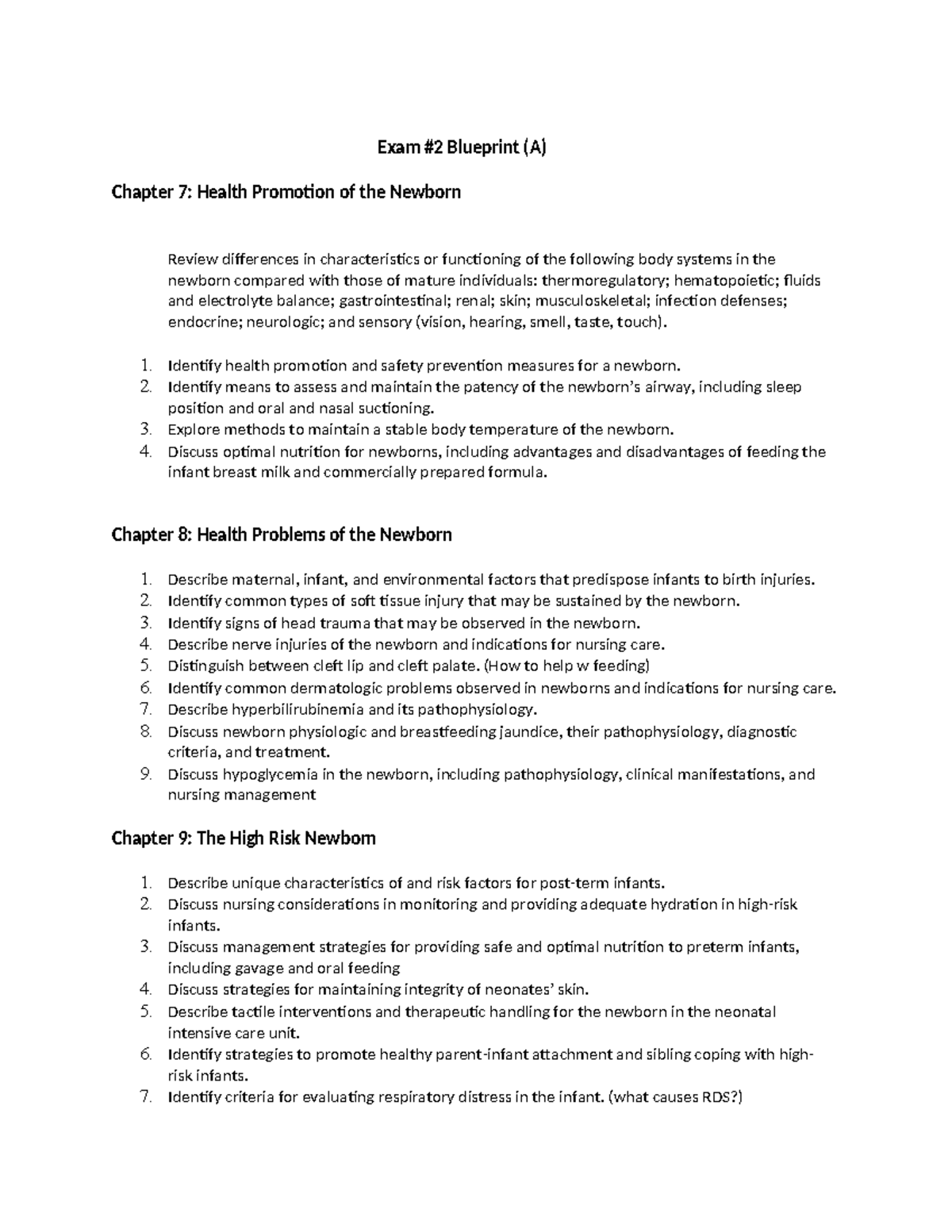 Peds 2023 Exam #2 Blueprint (A): Newborn Health Promotion & Risks - Studocu