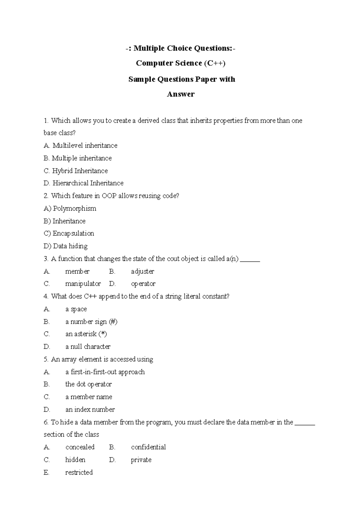 C ++ - Lab manual -: Multiple Choice Questions:- Computer Science (C++ ...
