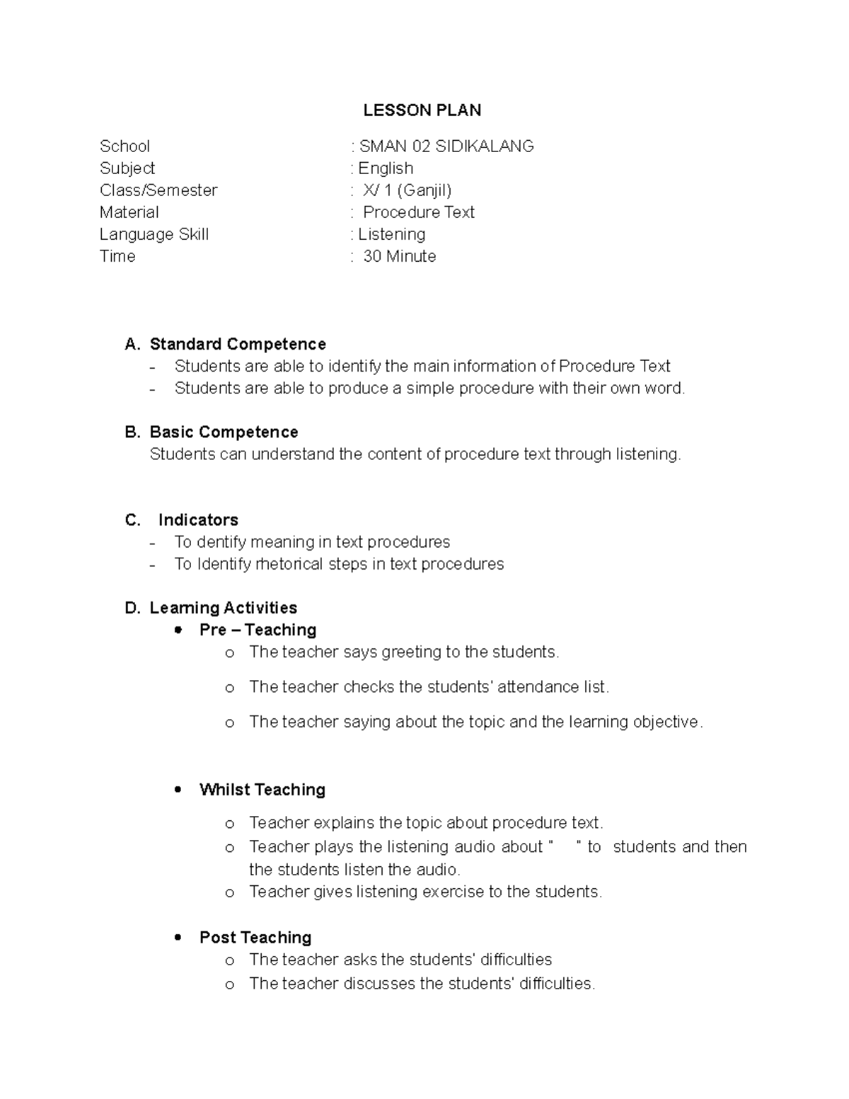 Lesson Plan for English Class X/1: Procedure Text & Listening Skills ...