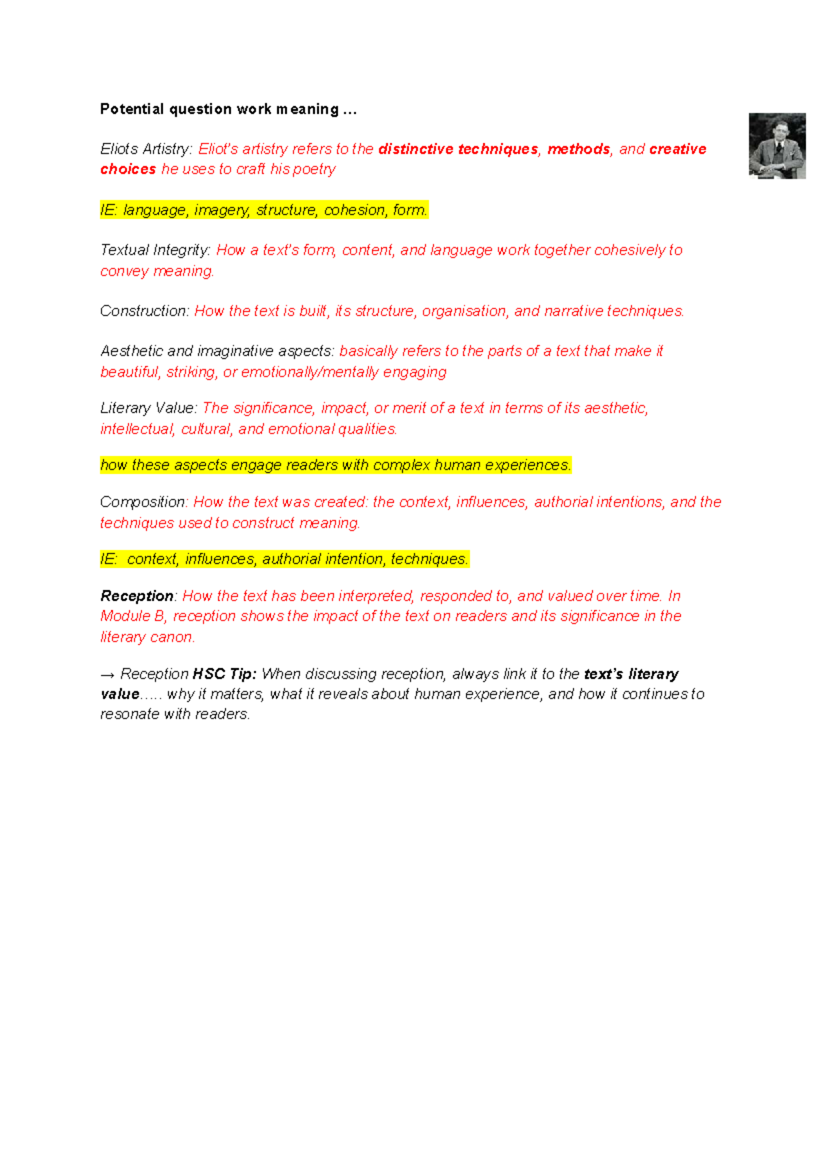 Module B: TS Eliot's Artistry and Textual Integrity Analysis - Studocu