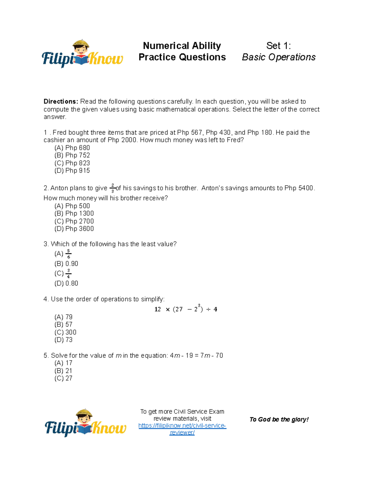 1 Analytical Questions - Practice Questions Basic Operations Directions ...