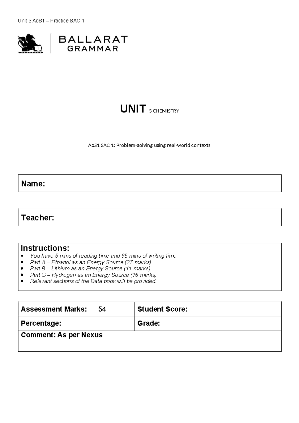 Unit 3 Chemistry AoS1 Practice SAC 1: Energy Sources Exam Prep - Studocu