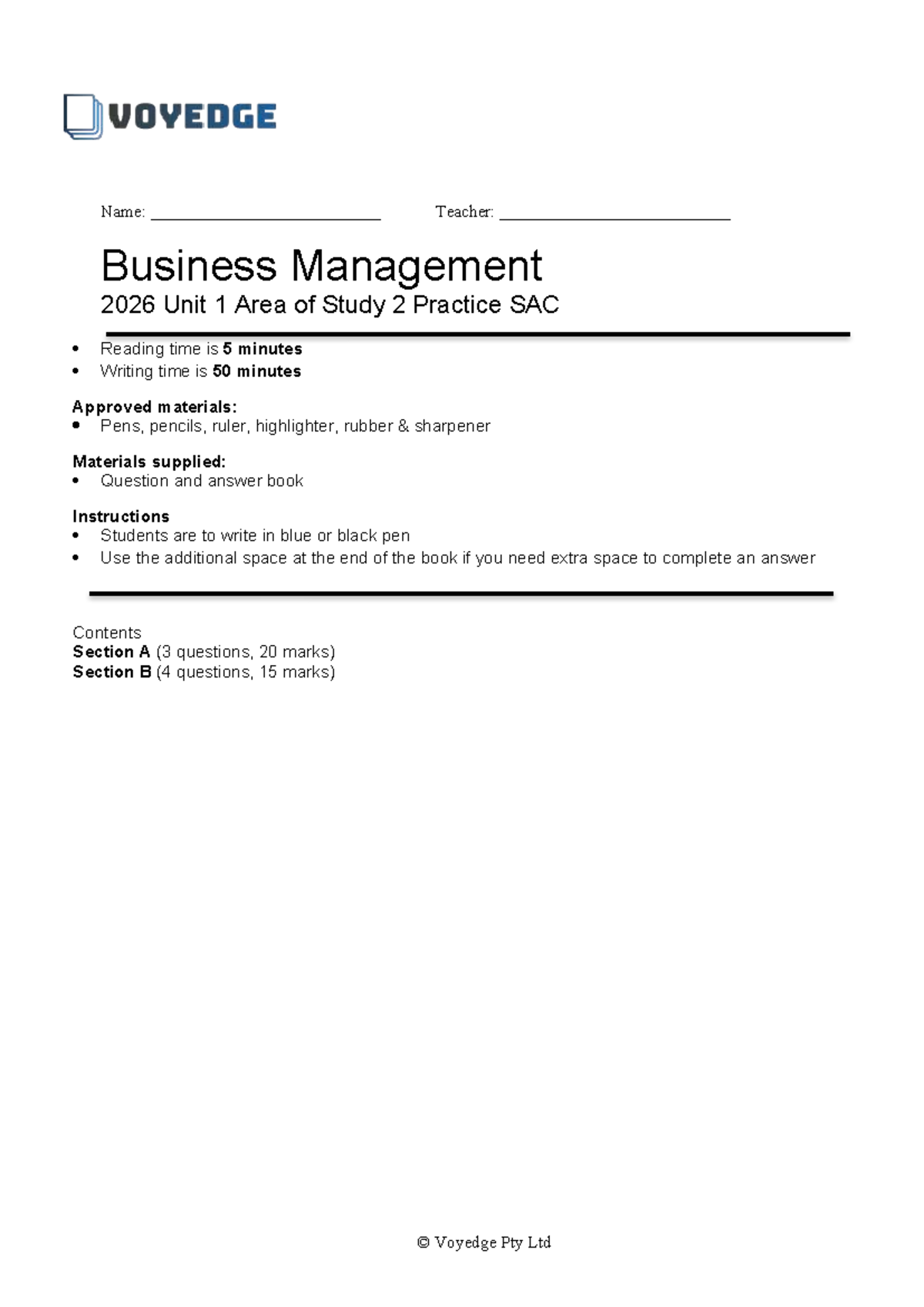 2026 Business Management Unit 1 AOS 2 Practice SAC Guide - Studocu