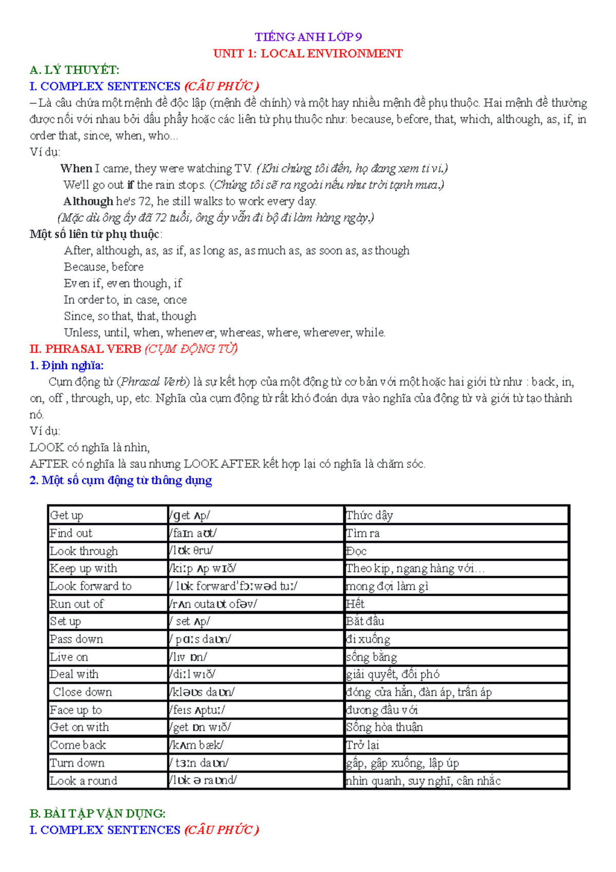 TIẾNG ANH LỚP 9: UNIT 1 - LOCAL ENVIRONMENT & COMPLEX SENTENCES - Studocu