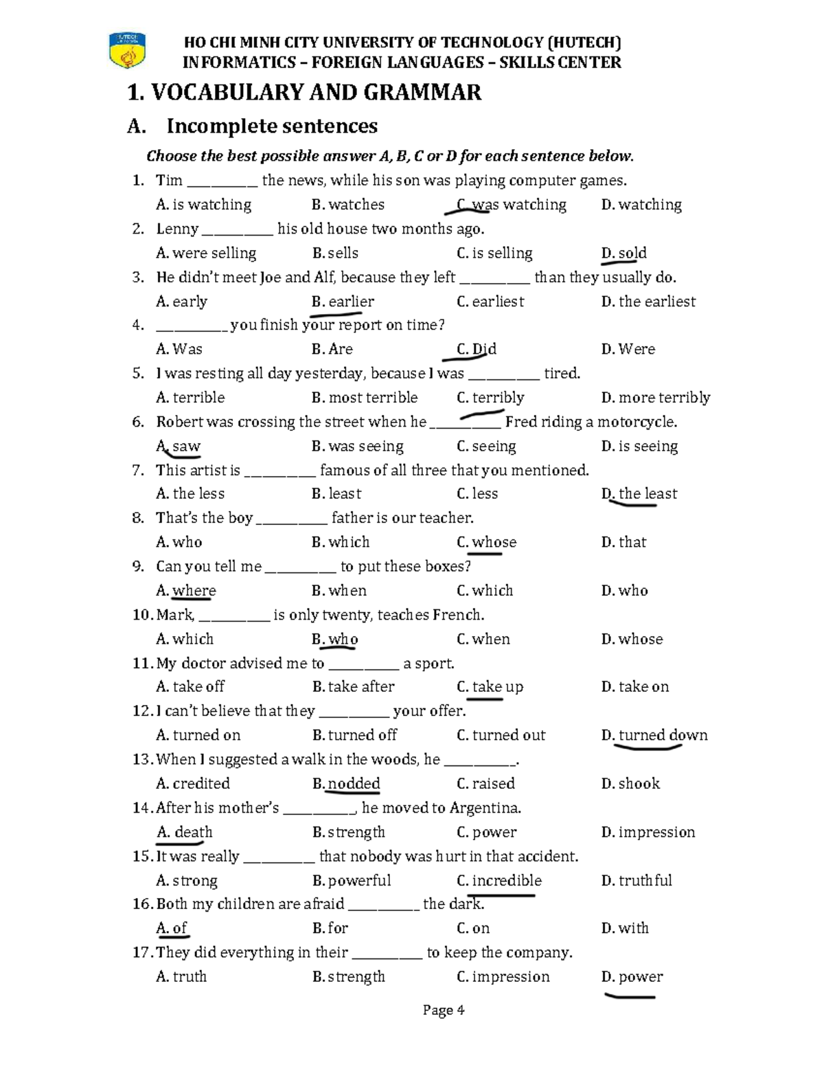 HUTECH INFORMATICS Vocabulary & Grammar Practice Test 1 - Studocu
