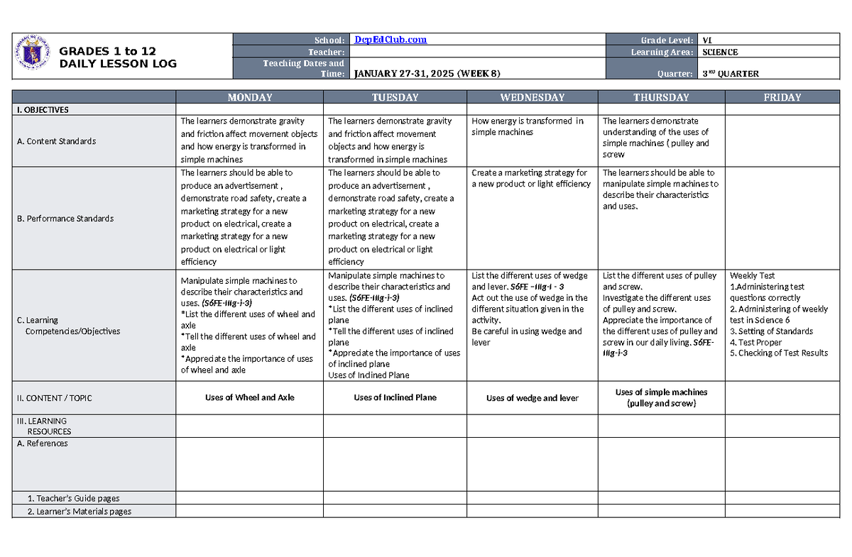 DLL Science 6 Q3 W8 - n/a - GRADES 1 to 12 DAILY LESSON LOG School ...