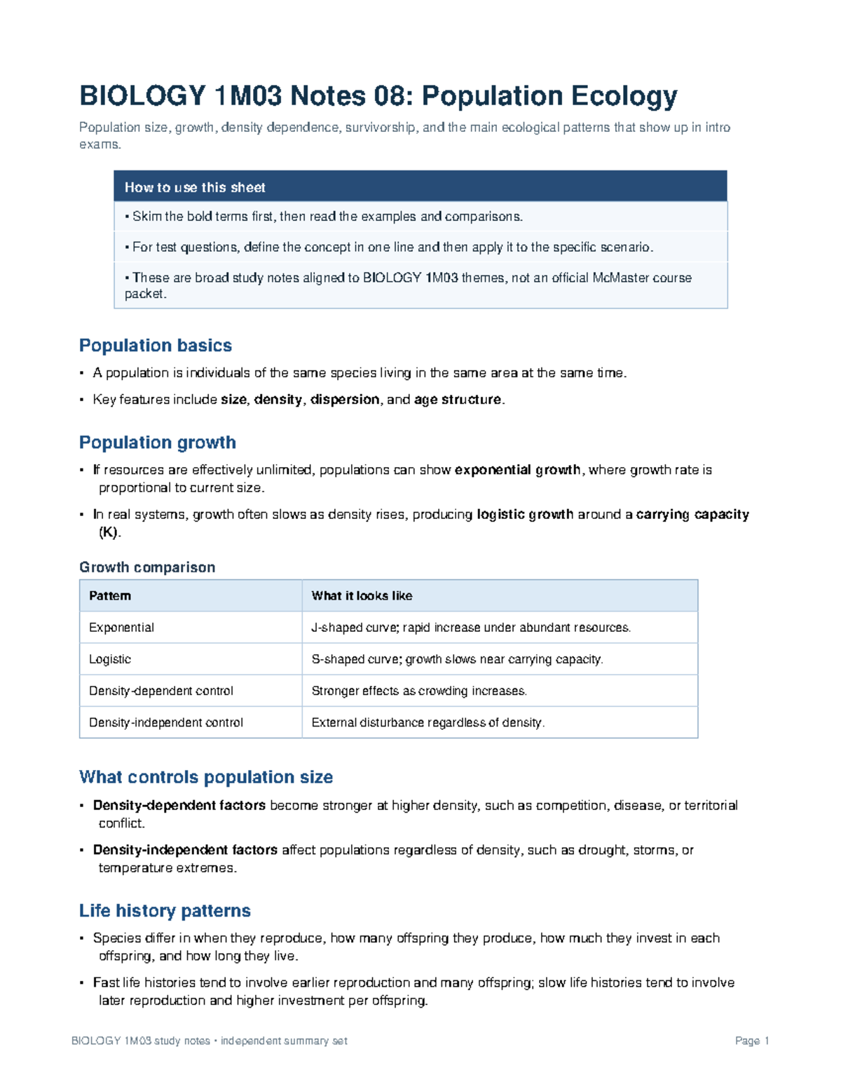 BIOLOGY 1M03 Final Exam Notes: Population Ecology Overview - Studocu