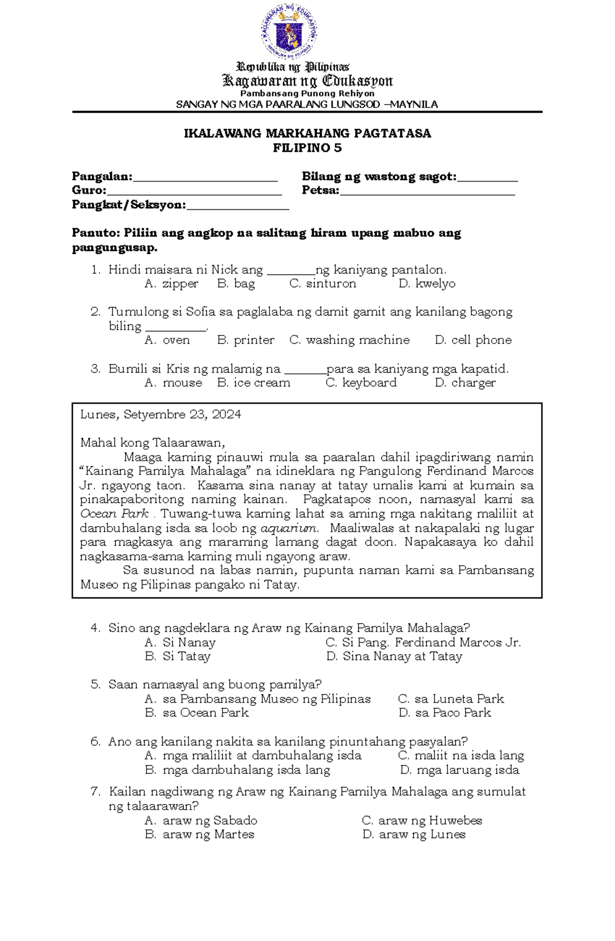 FIL.5-Q2 Diagnostic TEST - Kagawaran ng Edukasyon Pambansang Punong ...