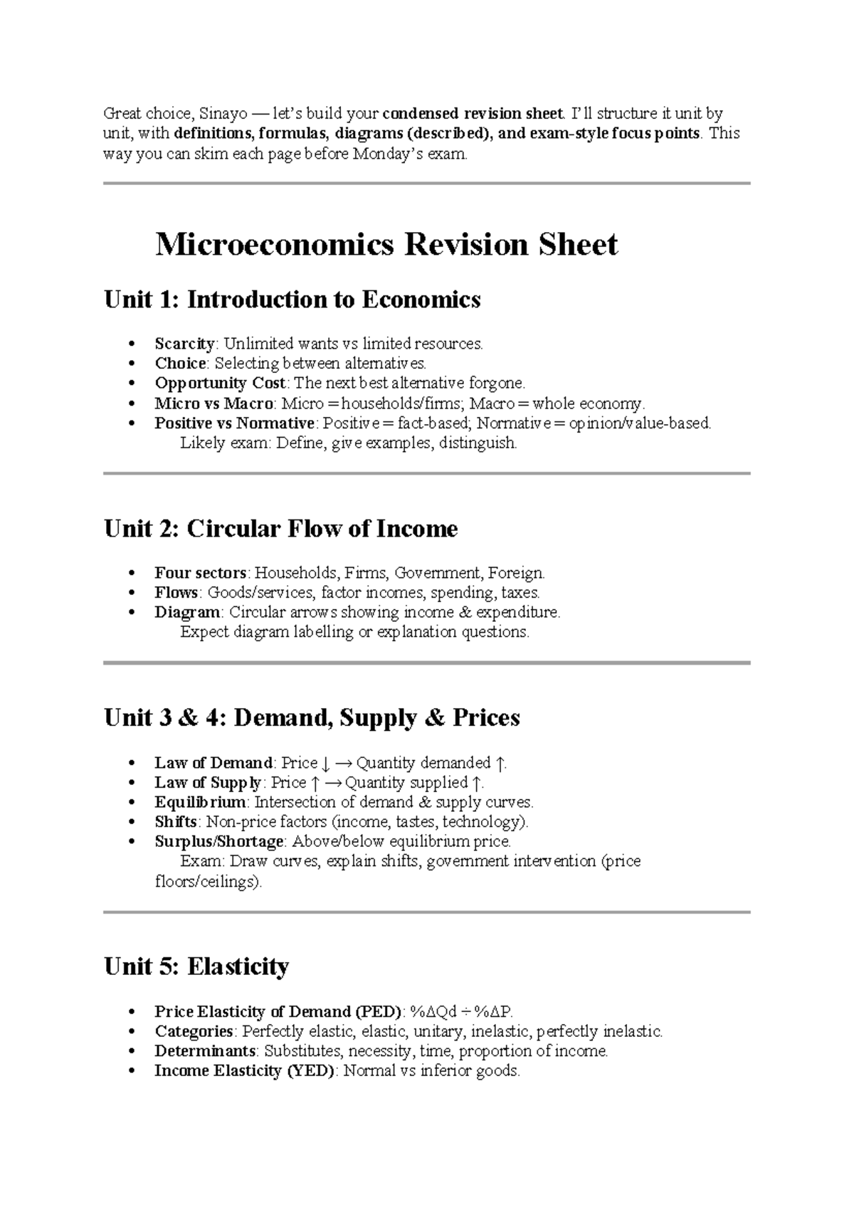 Microeconomics Revision Sheet: Key Concepts & Exam Focus - Studocu