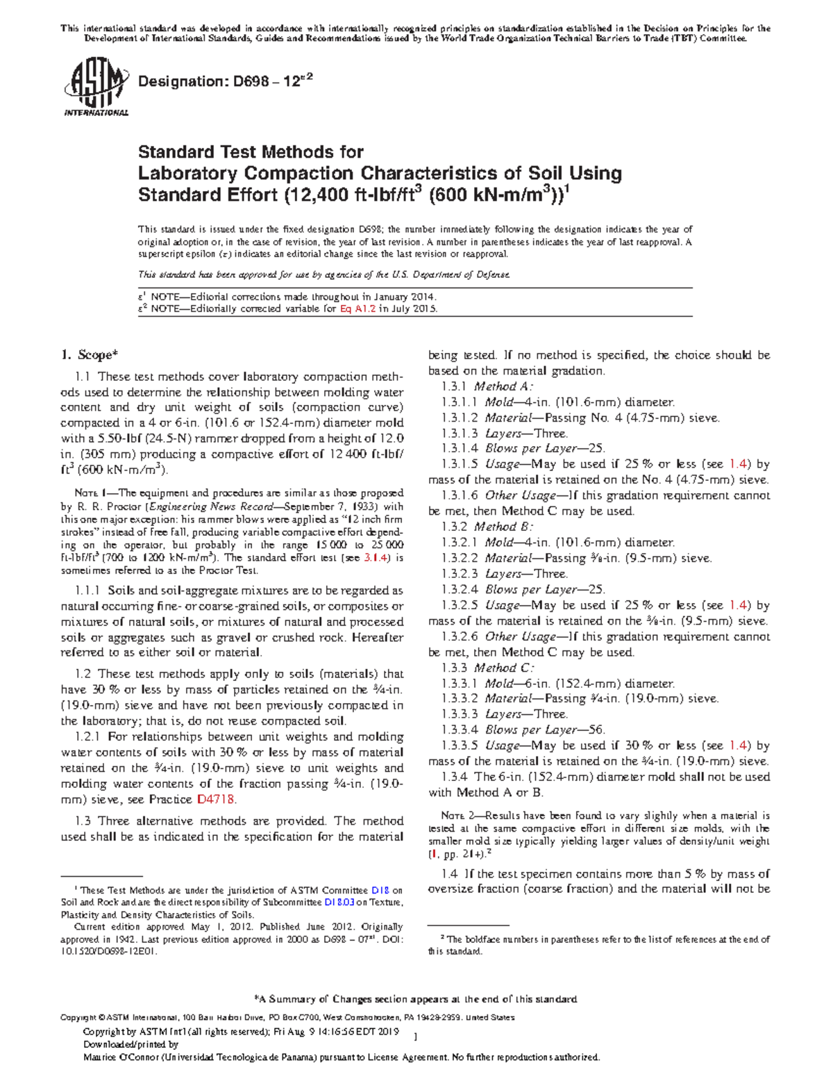D698 Standard Test Methods for Soil Compaction Characteristics - Studocu