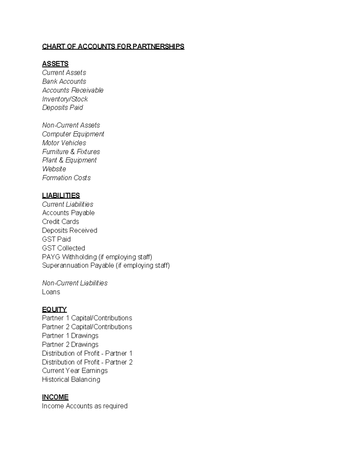 Chart of Accounts Partnerships - CHART OF ACCOUNTS FOR PARTNERSHIPS ...