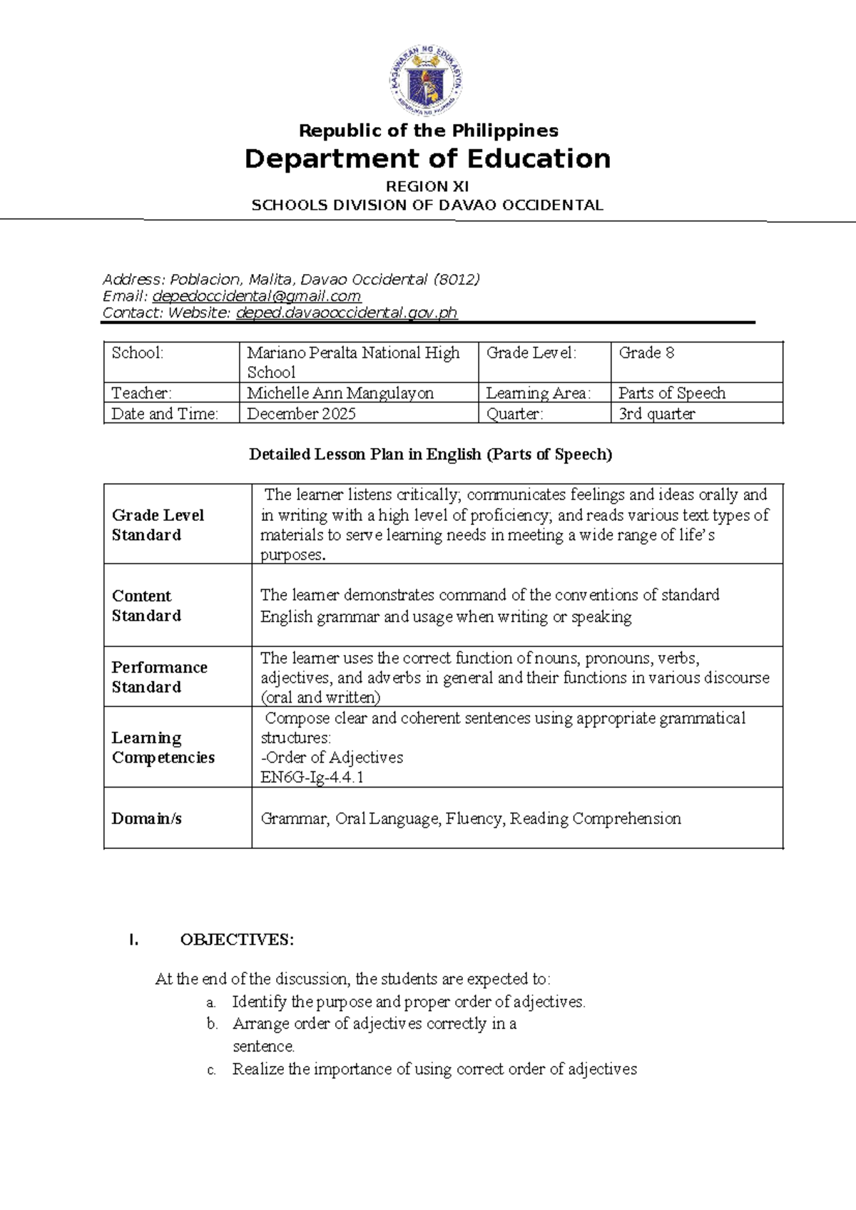 Detailed Lesson Plan: Order of Adjectives for Grade 8 (ENG 3rd Qtr ...