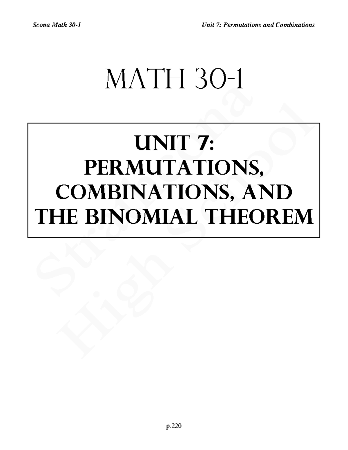 Scona Math 30-1 Workbook: Unit 7 - Permutations and Combinations - Studocu