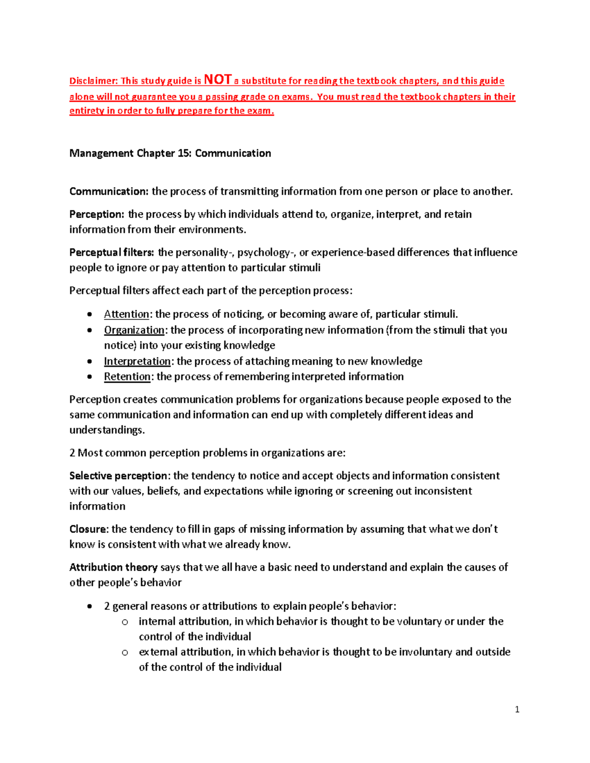 Chapter 15 Study Guide - Principles Of Management - Disclaimer: This ...