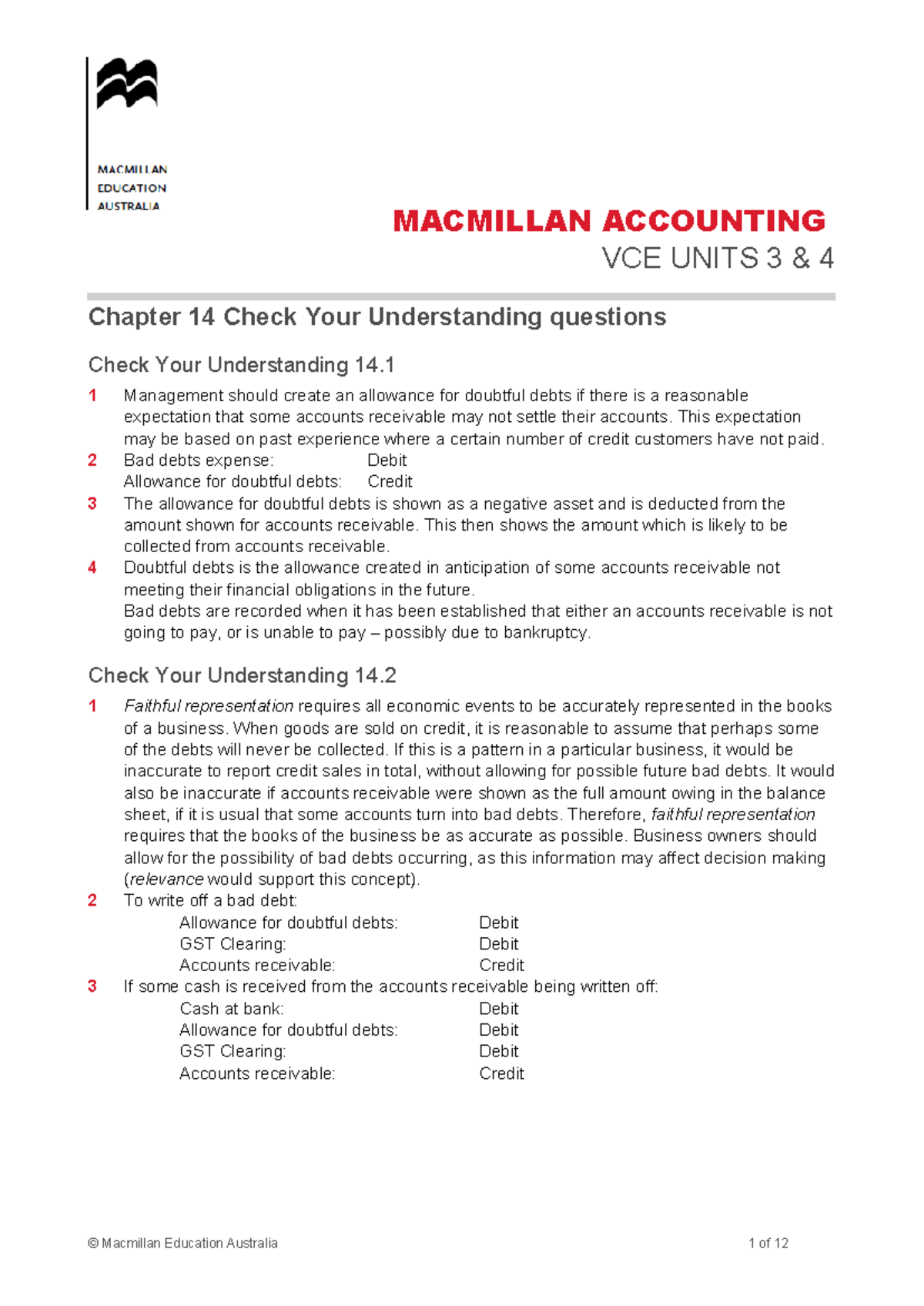 VCE Accounting Units 3 & 4: Chapter 14 Doubtful Debts Explained - Studocu