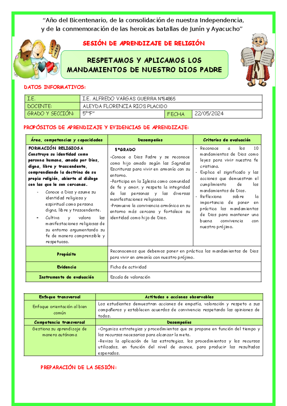 Sesión de Aprendizaje de Religión: Los Mandamientos de Dios 5° F - Document Preview